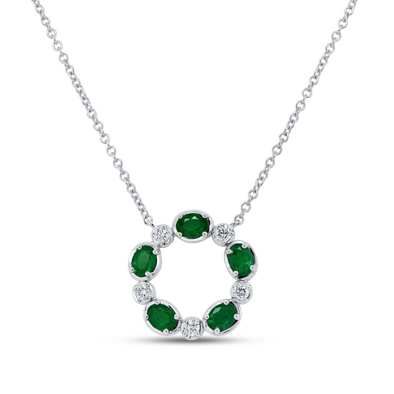 18K White Gold Emerald and Diamond Circle Necklace