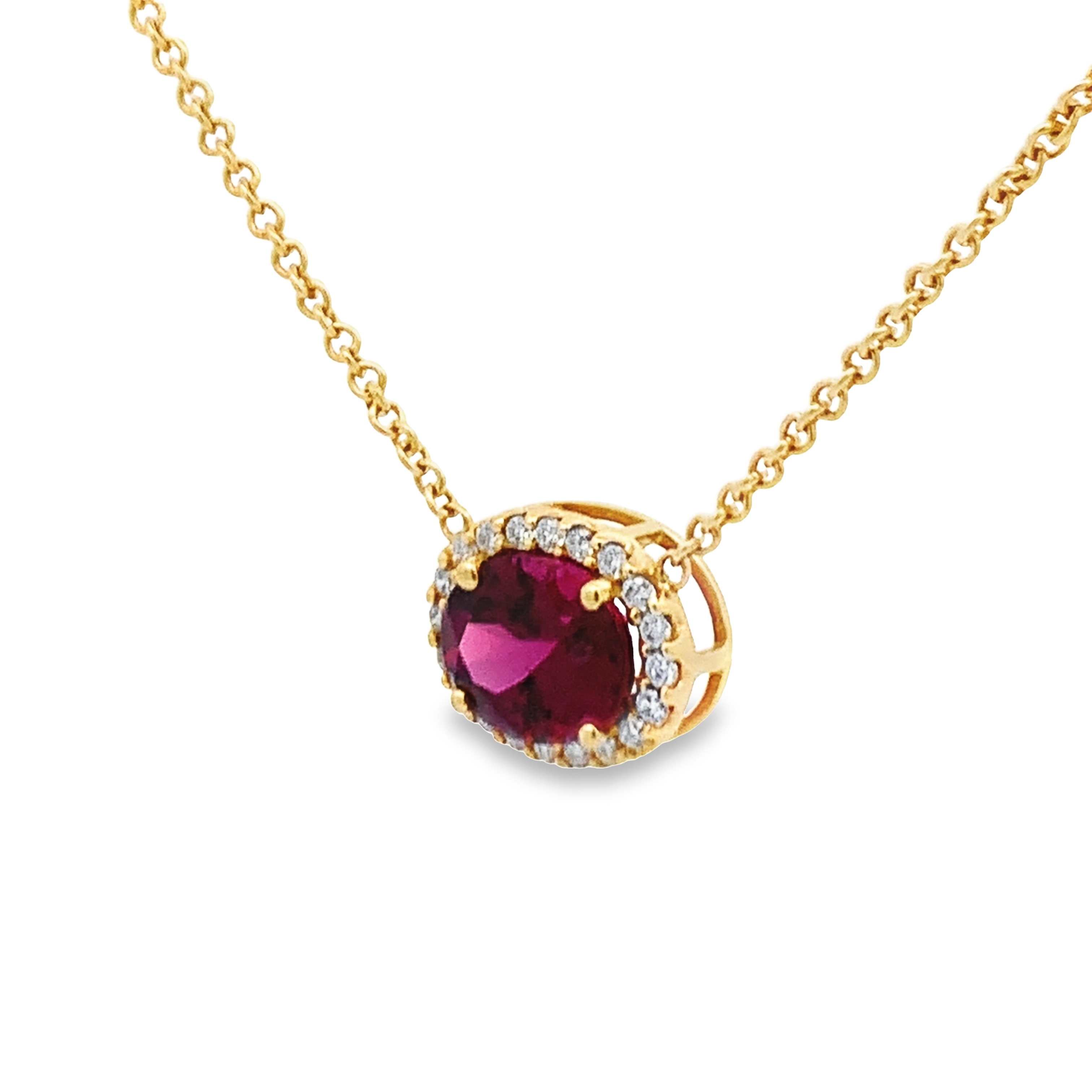 Kimberly Collins 18K Yellow Gold Rhodolite Garnet Halo Necklace