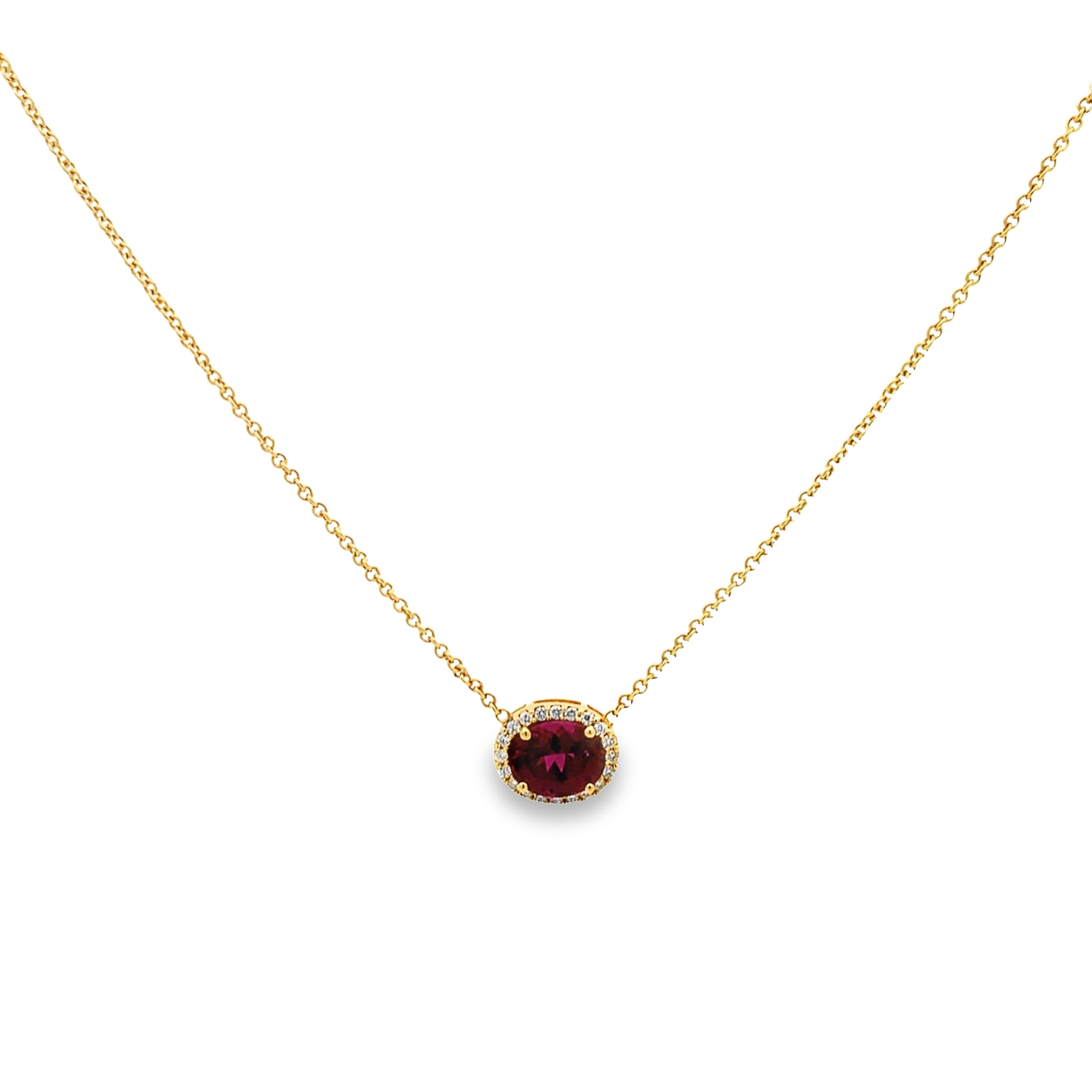 Kimberly Collins 18K Yellow Gold Rhodolite Garnet Halo Necklace