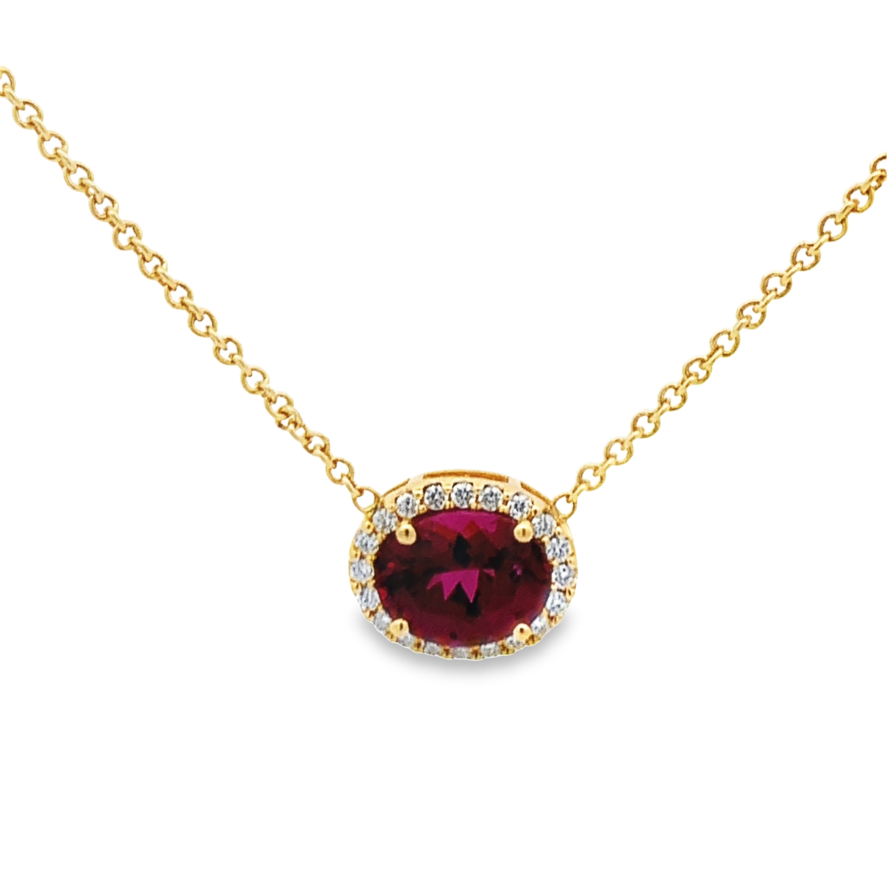 Kimberly Collins 18K Yellow Gold Rhodolite Garnet Halo Necklace