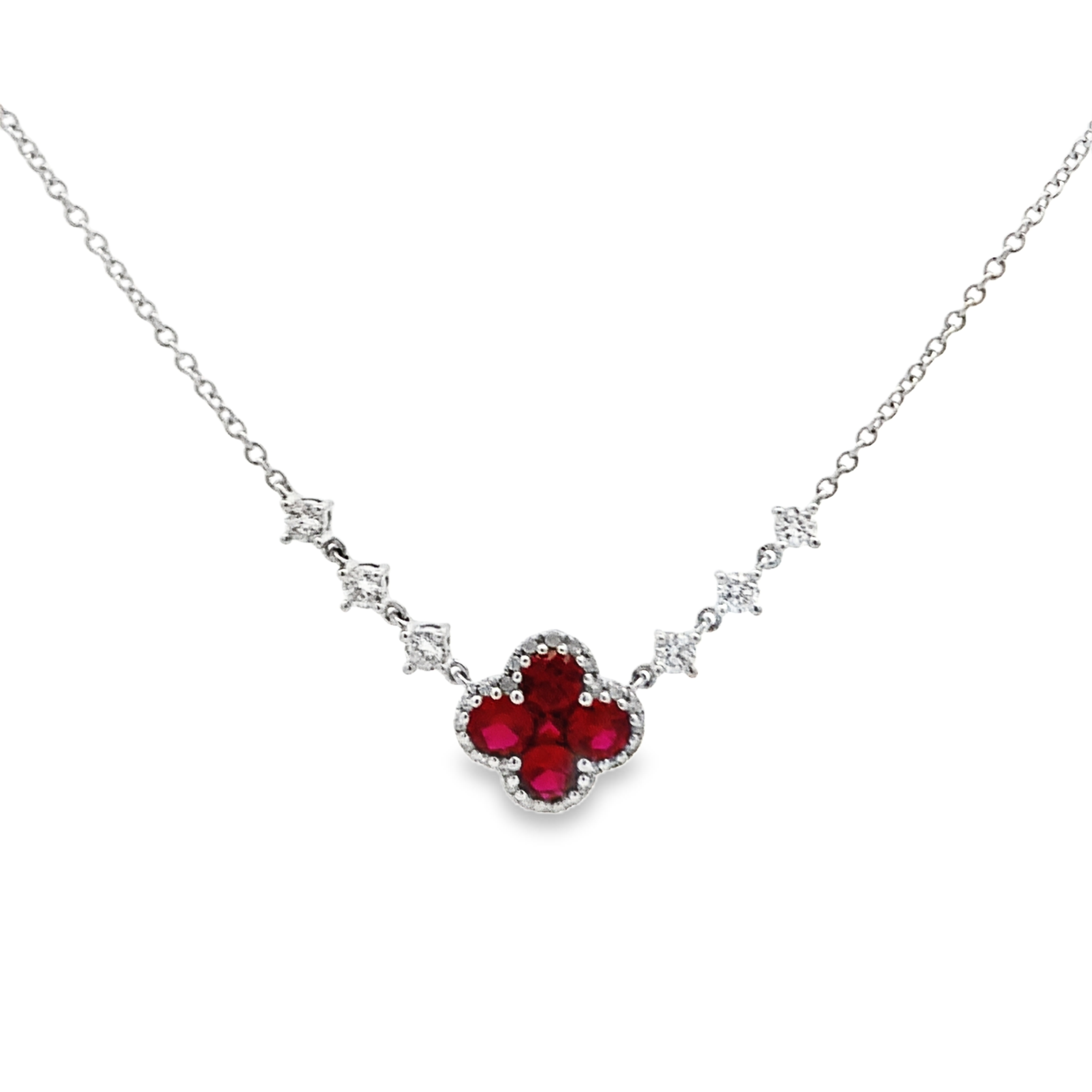 18K White Gold Ruby and Diamond Station Flower Necklace