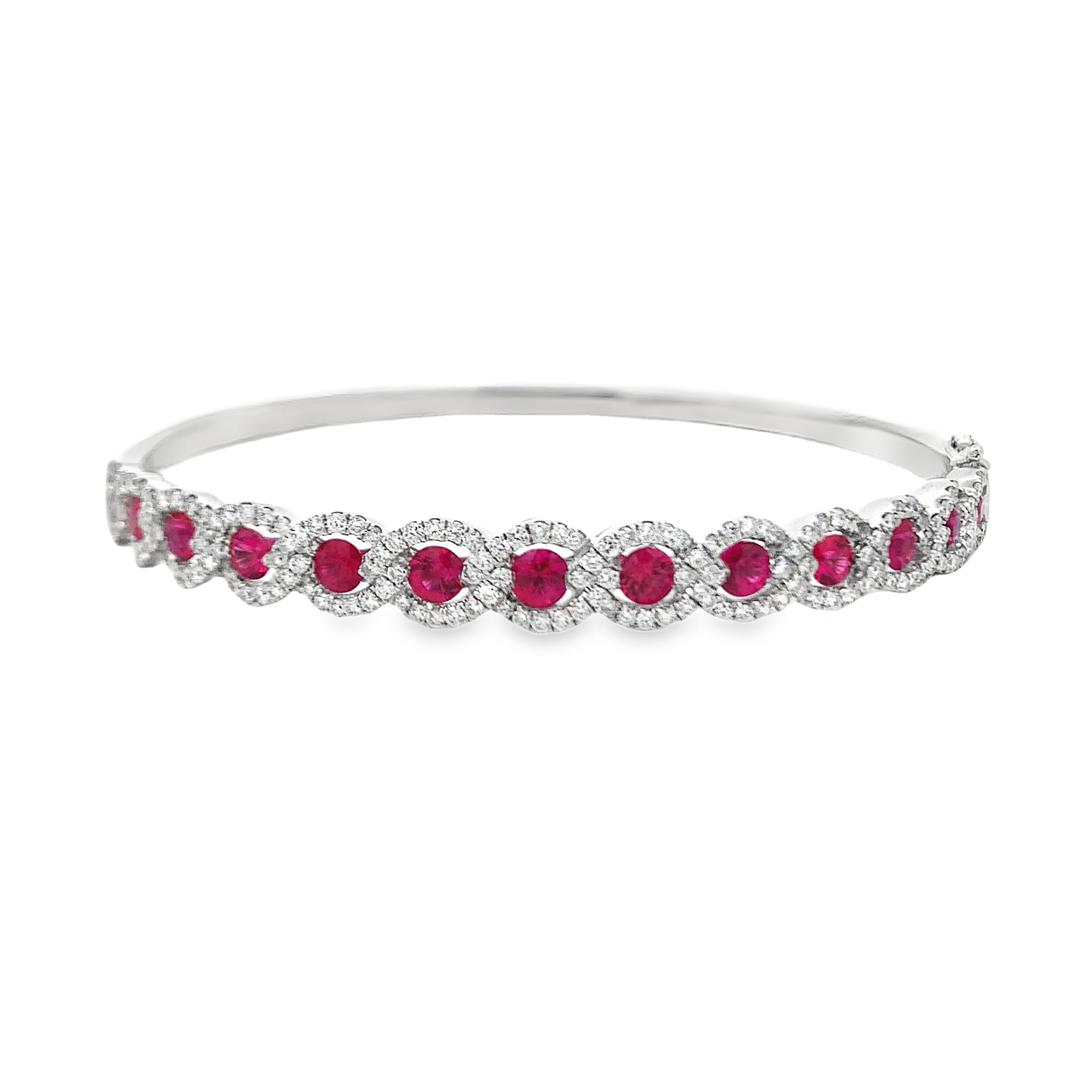 18K White Gold Ruby and Diamond Twist Halo Bangle