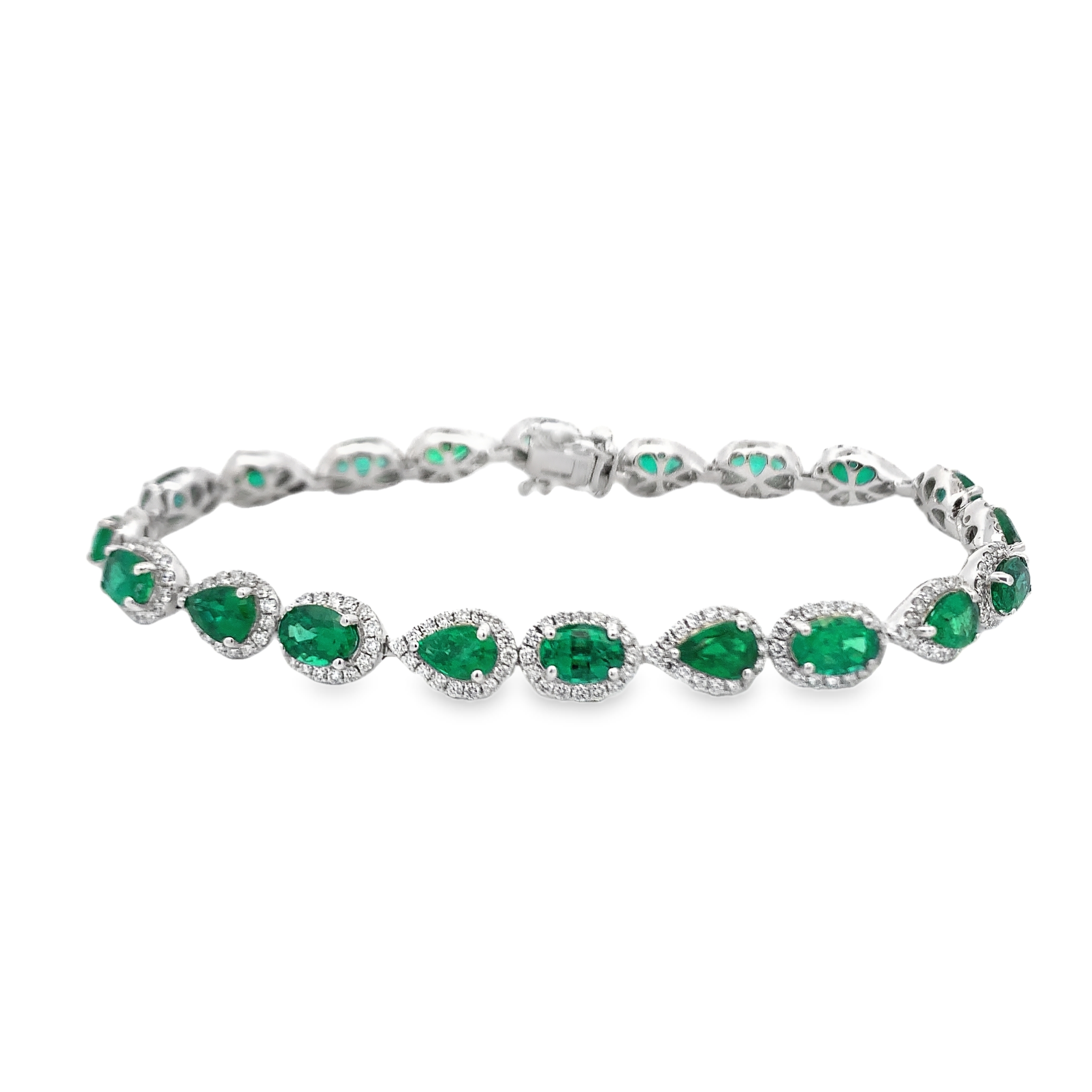 18K White Gold Emerald and Diamond Halo Bracelet