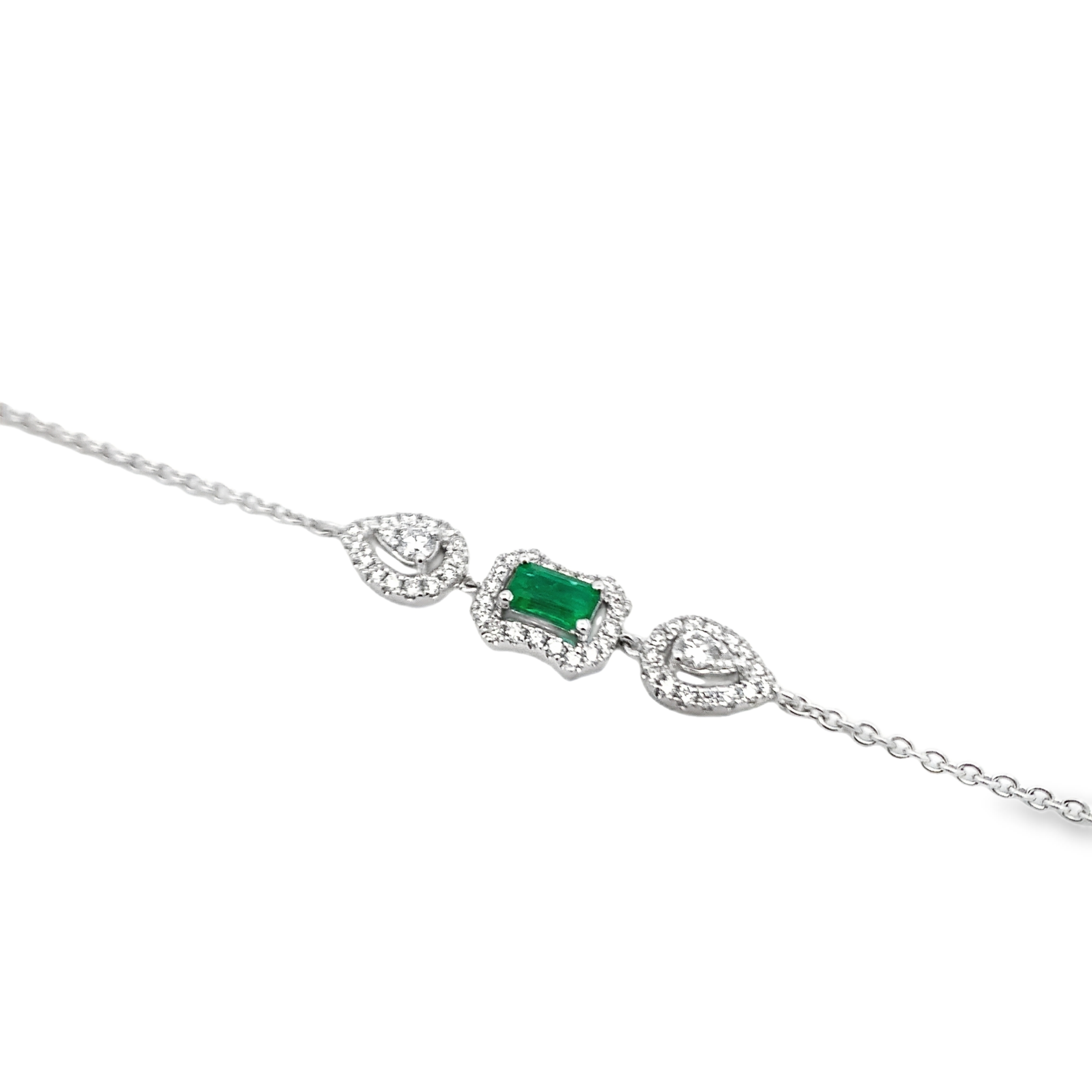 14K White Gold Emerald and Diamond Station Bracelet