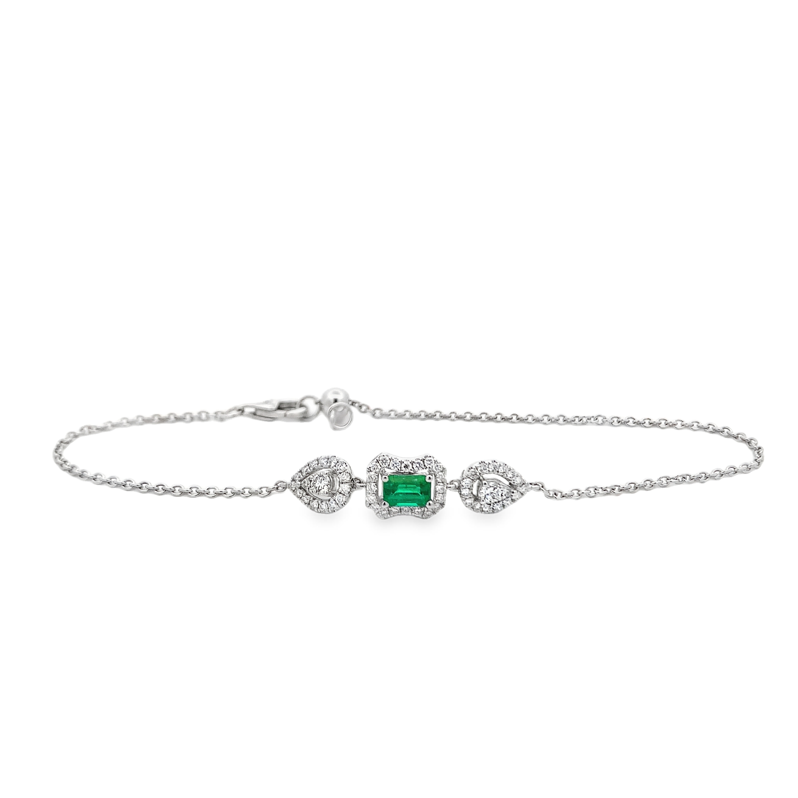 14K White Gold Emerald and Diamond Station Bracelet