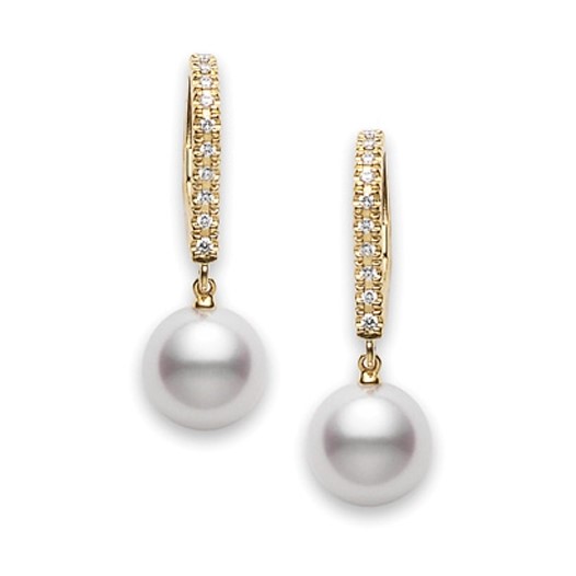 Mikimoto 18K Yellow Gold Pearl and Diamond Earrings