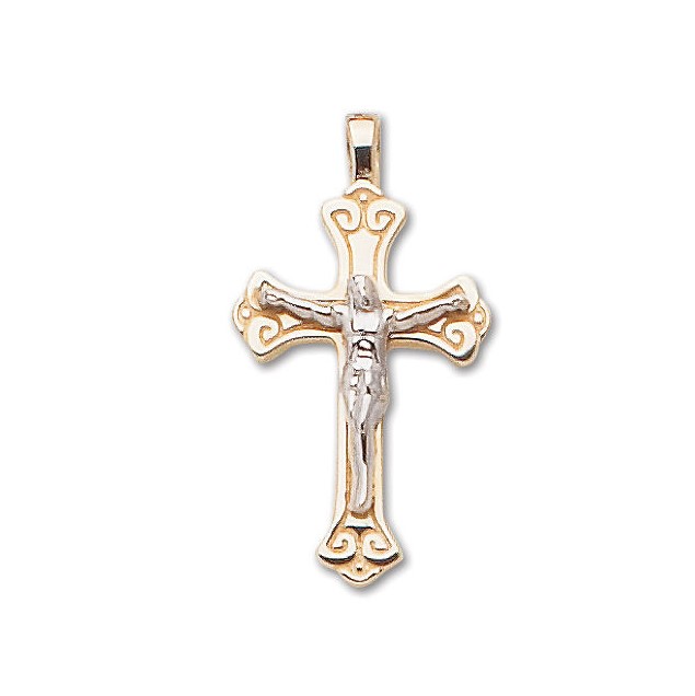 14K Two-Tone Scroll Crucifix Pendant