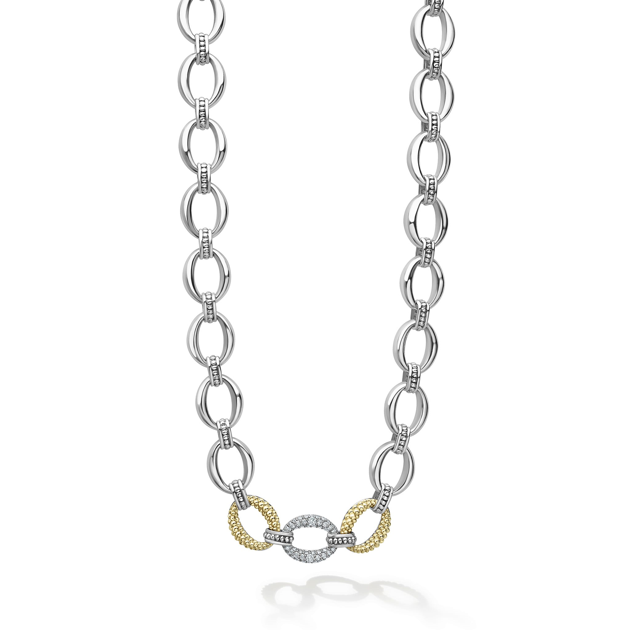 Lagos Sterling Silver & 18K Caviar Lux Single Diamond Link Necklace