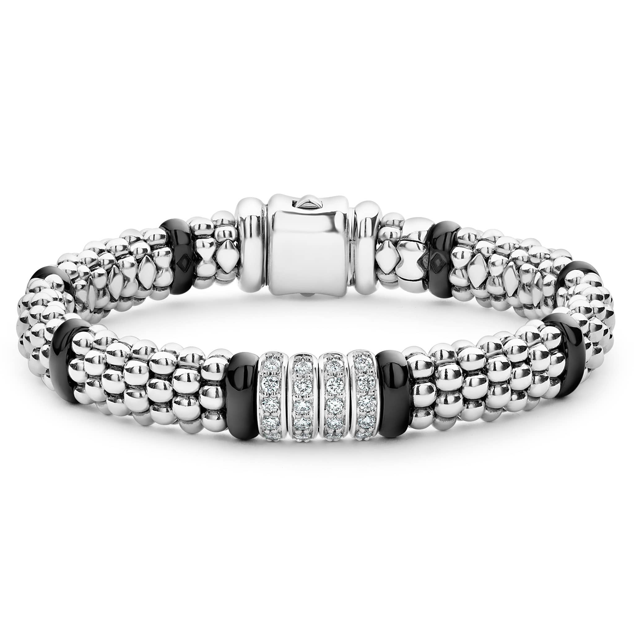 Lagos Sterling Silver Black Caviar Ceramic Diamond Link Bracelet