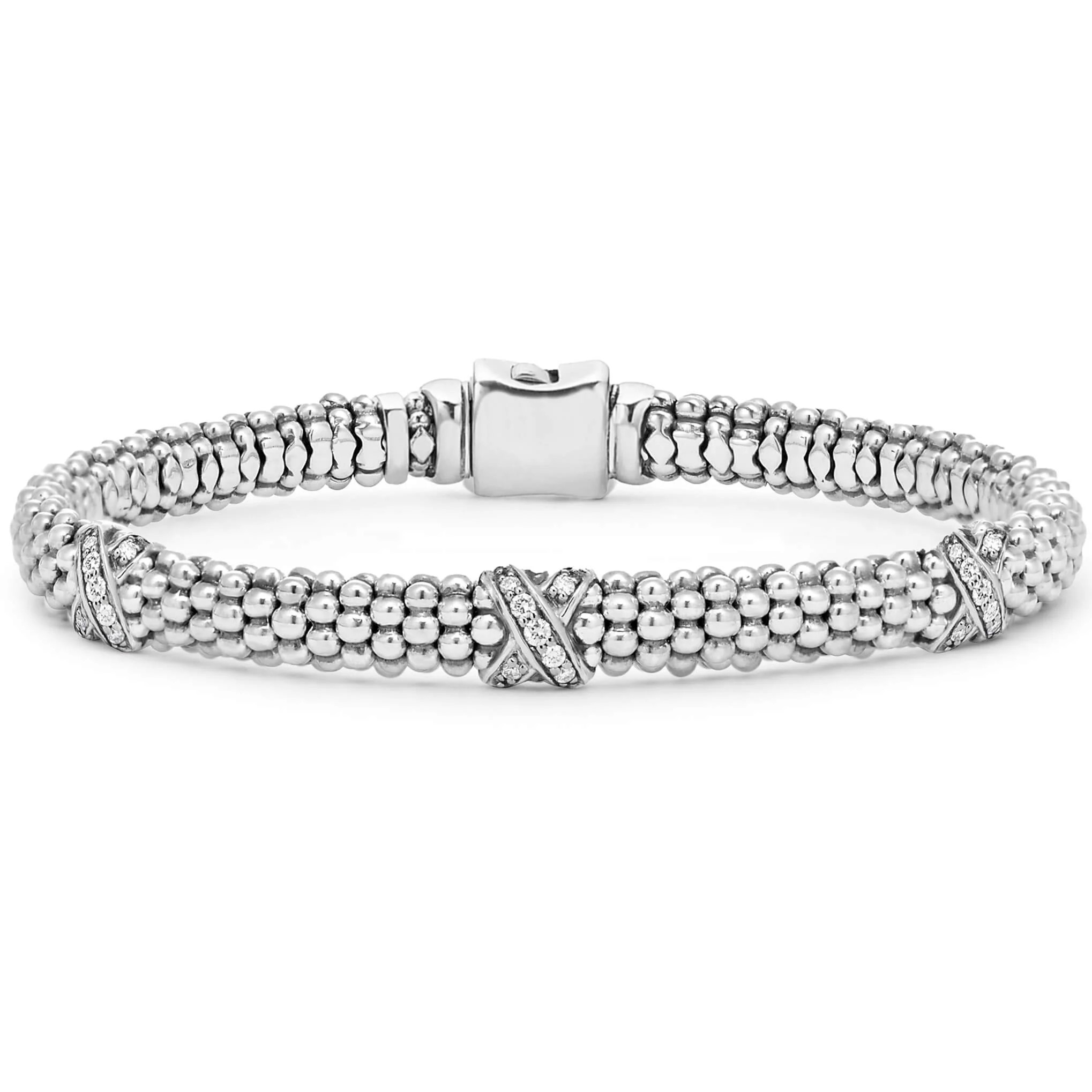 Lagos Sterling Silver Caviar Lux Diamond X Bracelet