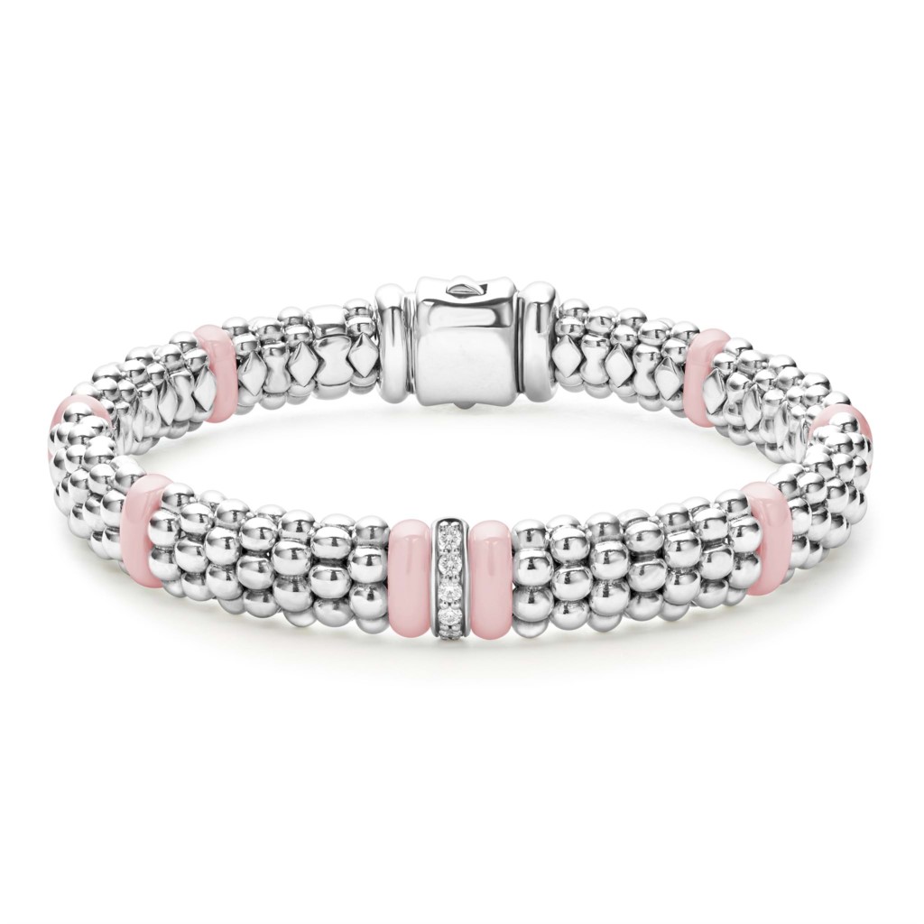 Lagos Sterling Silver and Pink Ceramic Diamond Caviar Bracelet