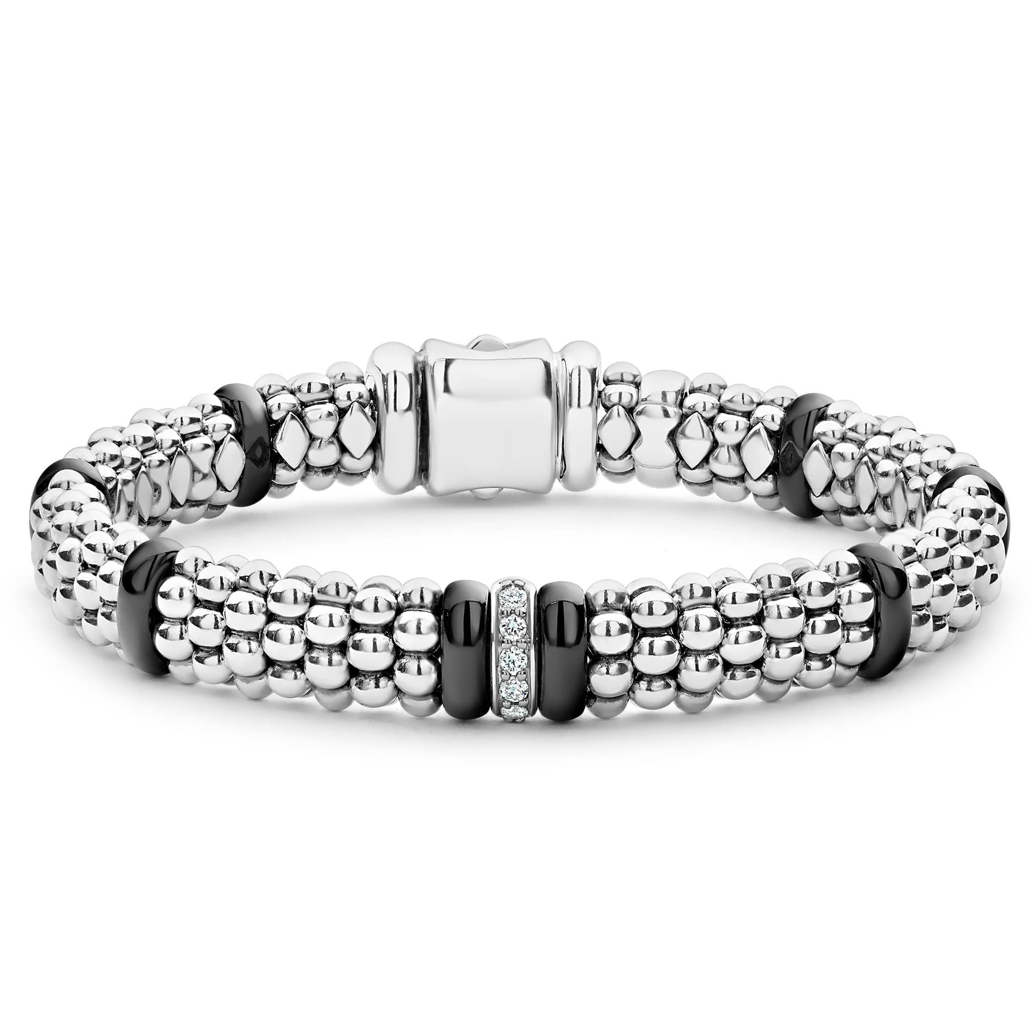 Lagos Sterling Silver Caviar Black Ceramic Diamond Bracelet