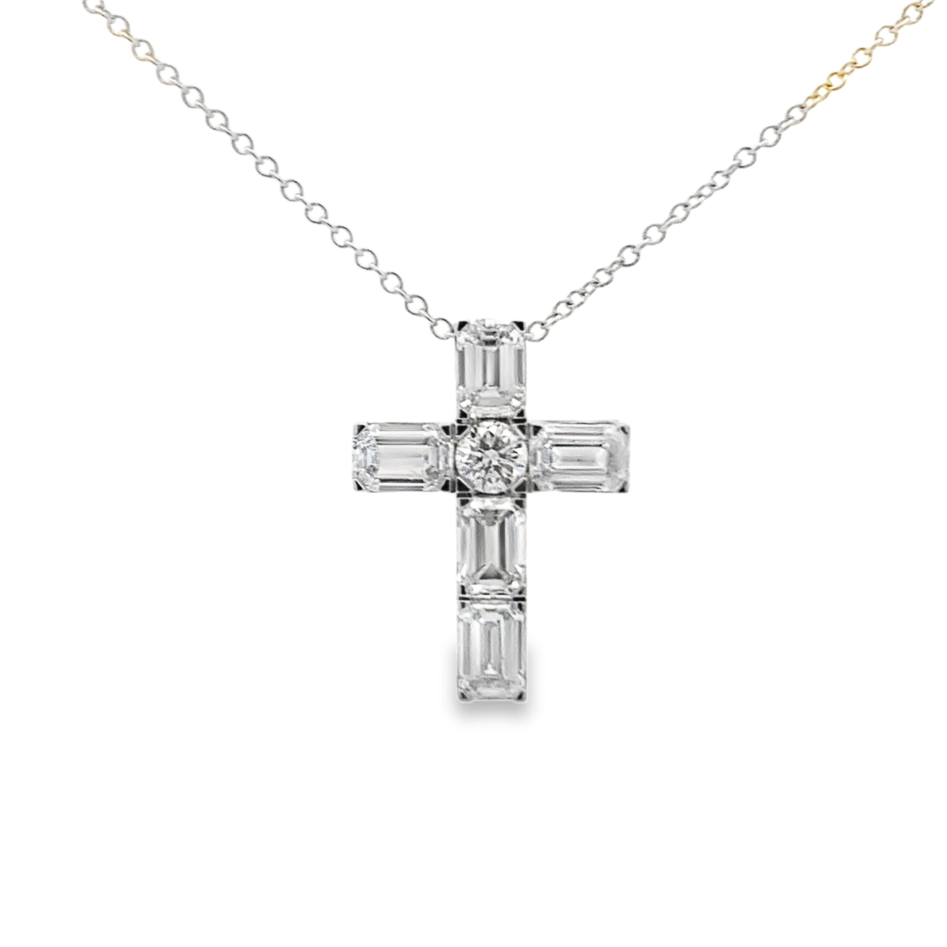 14K White Gold Lab Grown Emerald-Cut Diamond Cross Pendant