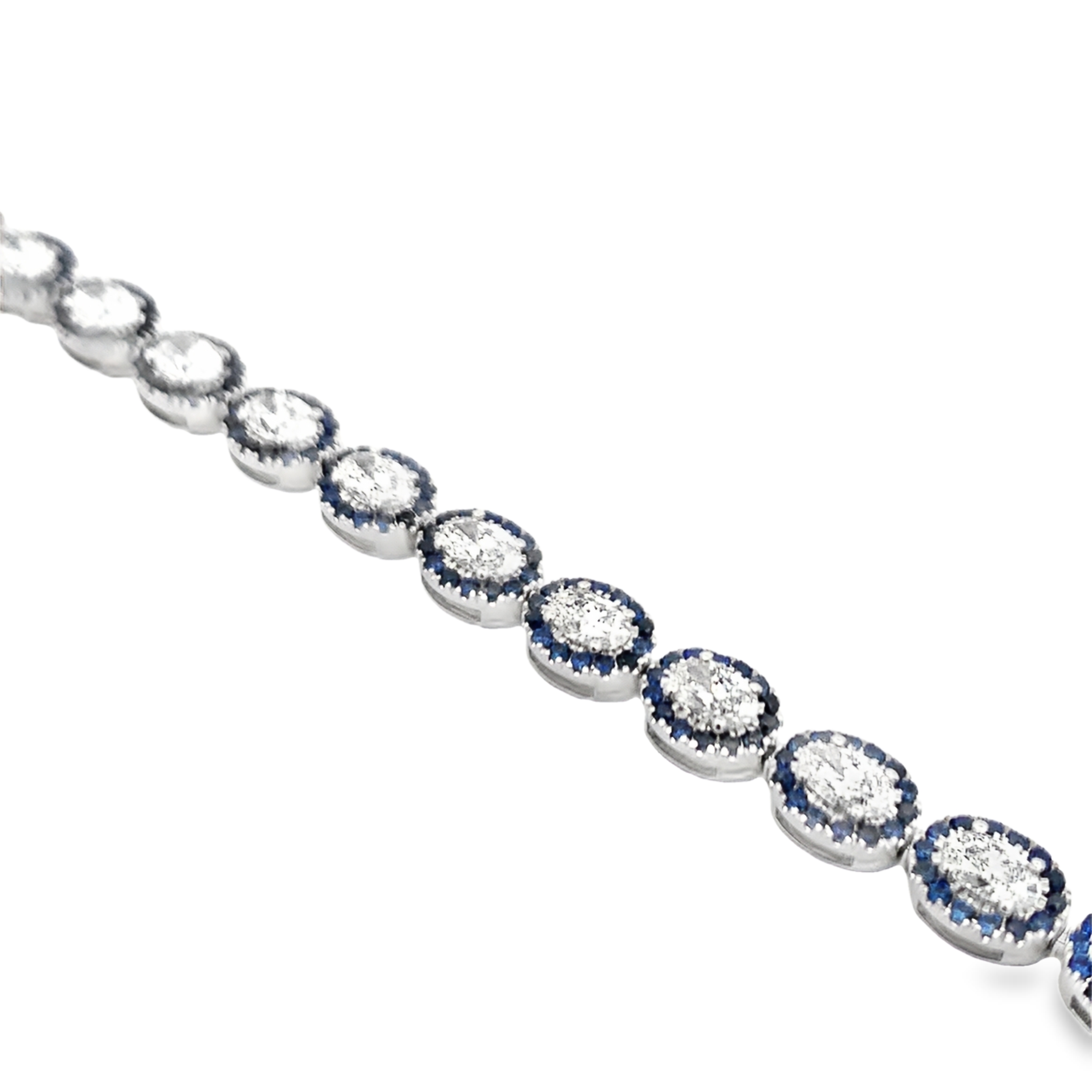 14K White Lab Grown Diamond and Sapphire Halo Bracelet 7 with 25 Lab Grown Oval Cut Diamonds 4.75 CTW G VS and 350 Round Sapphires