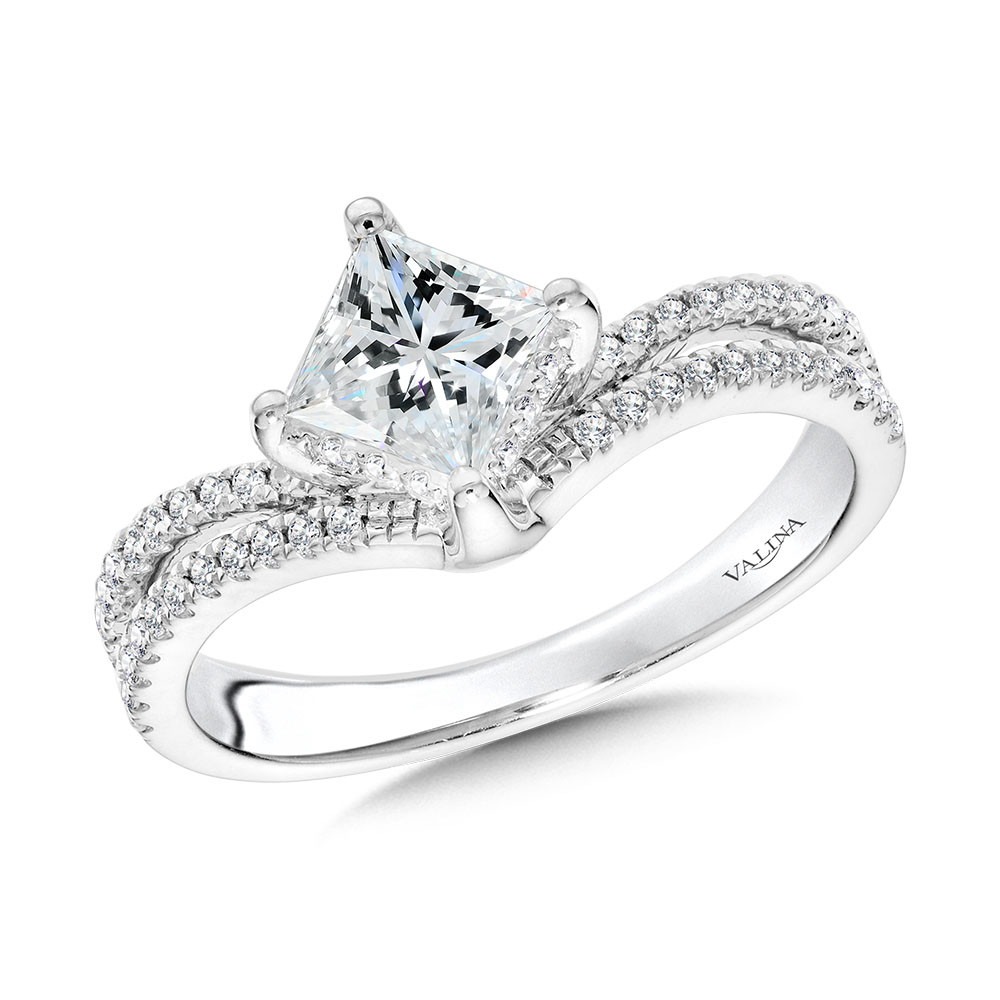 White Gold 1/4ctw Princess-cut Hidden Halo Split Chevron-shaped Diamond Engagement Ring l VALINA