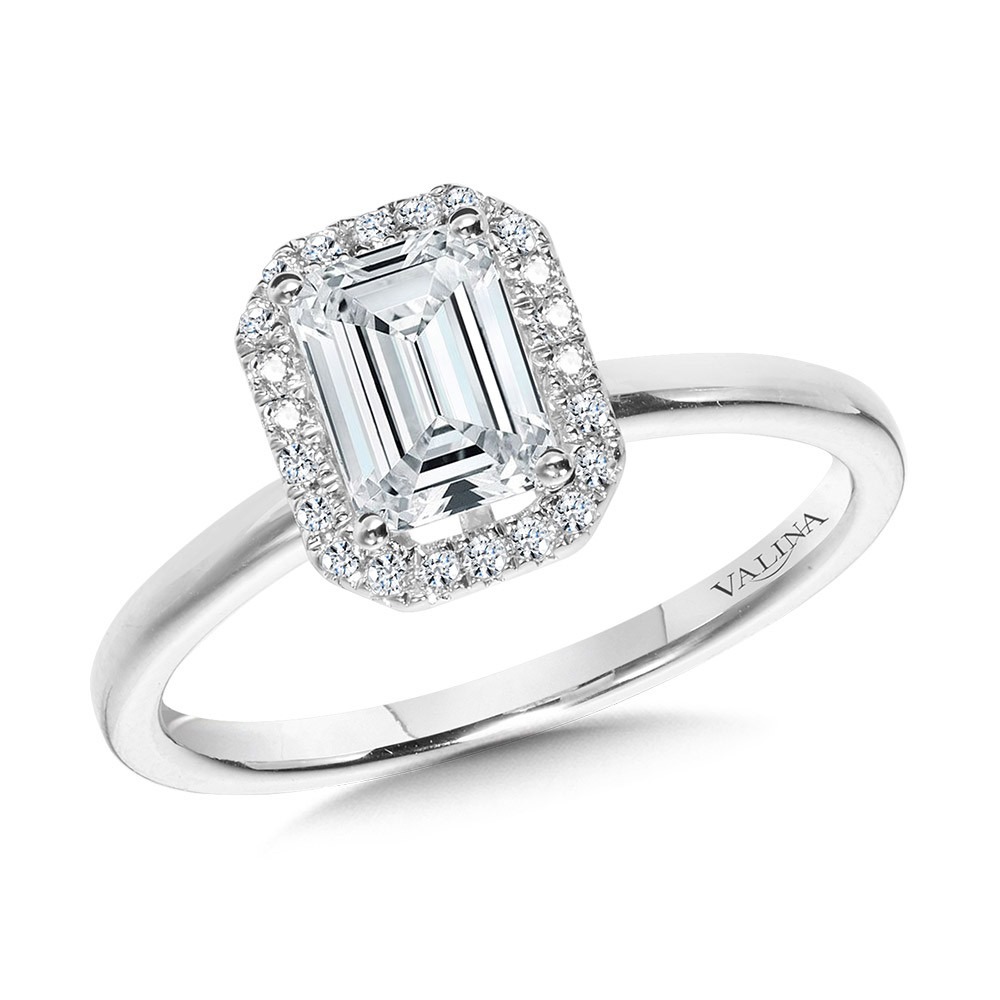 White Gold 1/10ctw Emerald-cut Diamond Halo Engagement Ring l VALINA