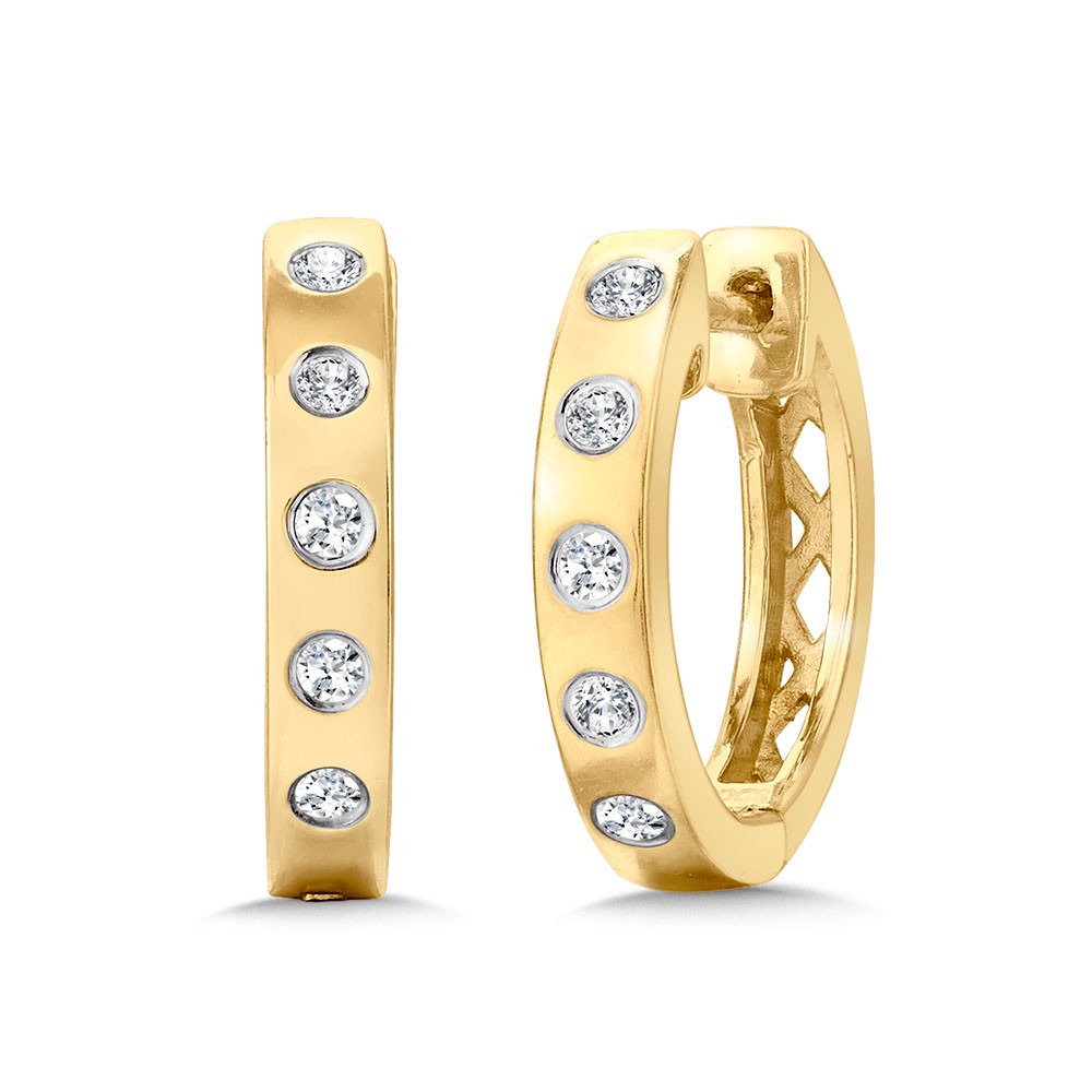 Yellow Gold 1/7ctw Flush Diamond Hoop Earrings