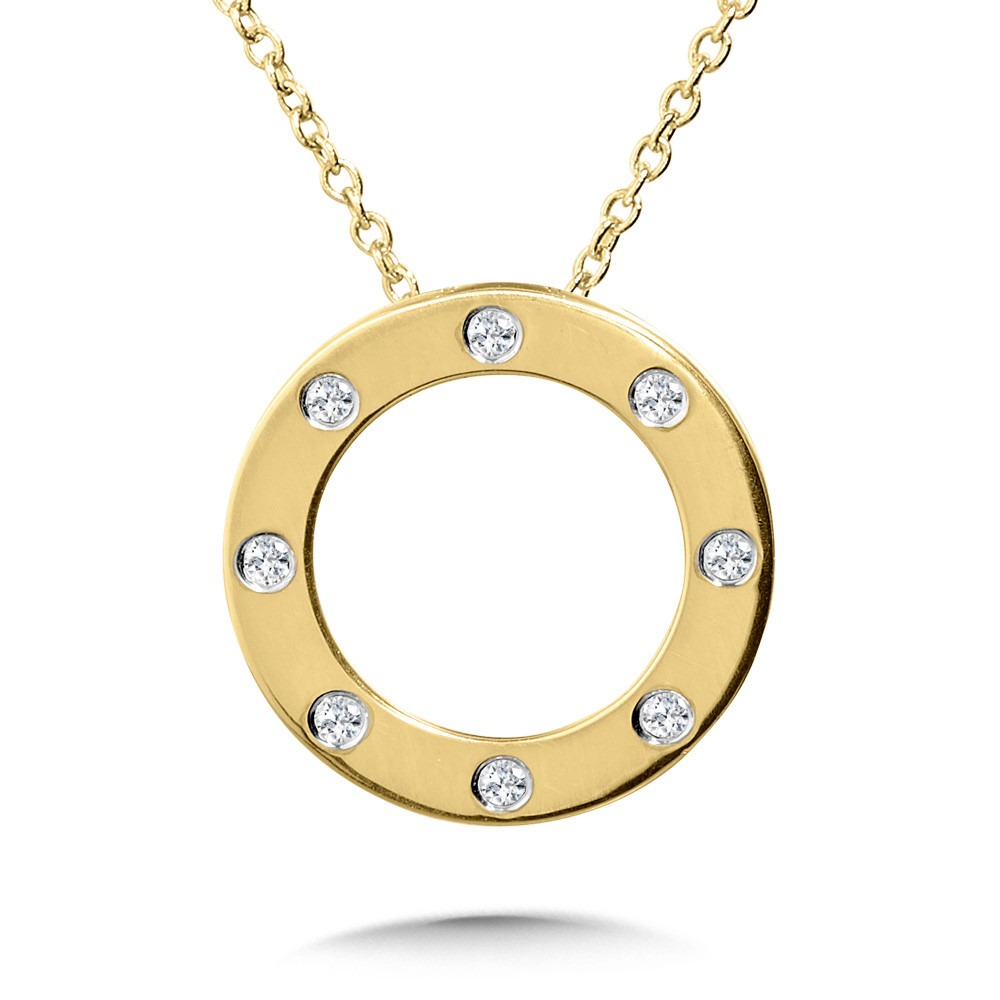 Yellow Gold 1/7ctw Flush Diamond Circle Pendant Necklace