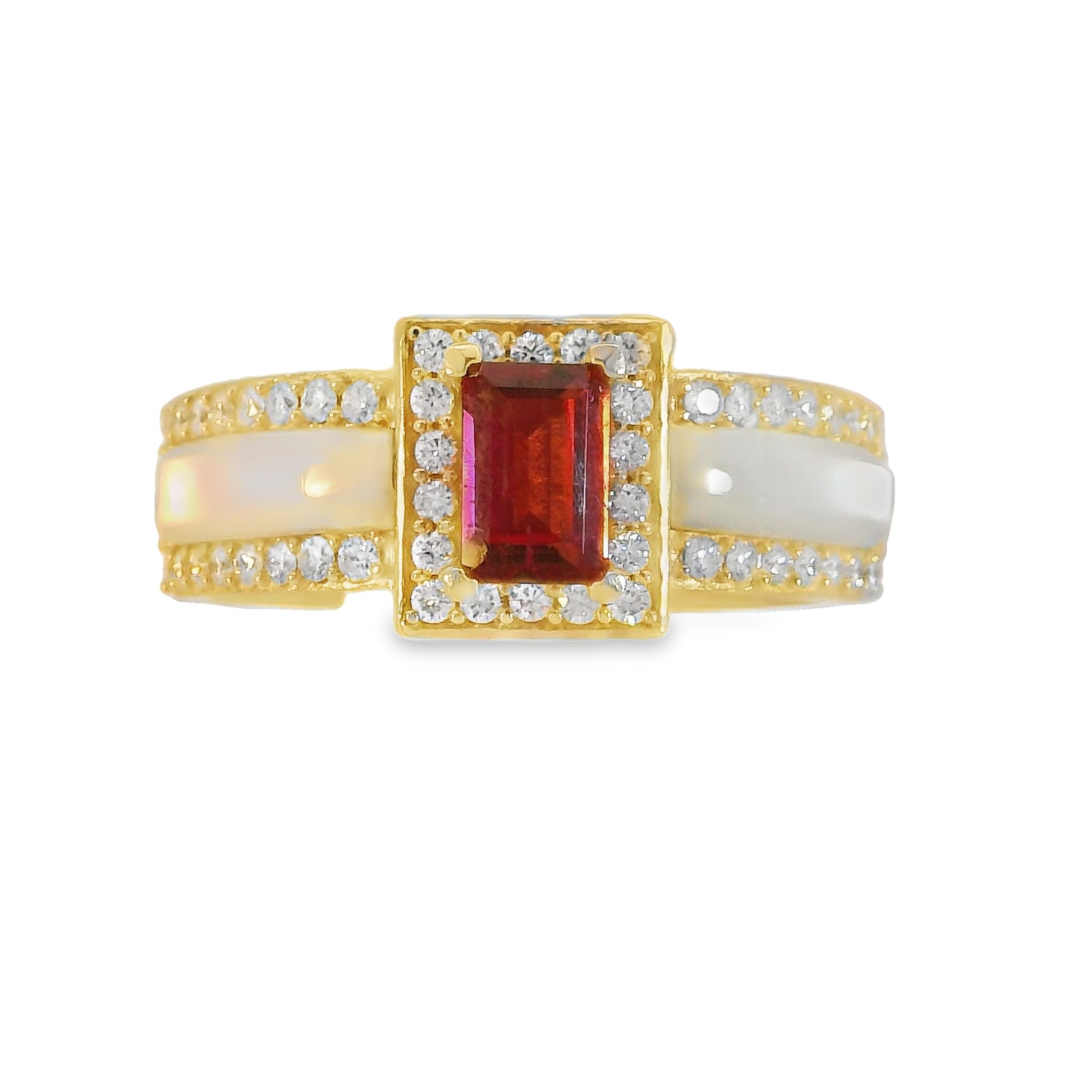 Rhodolite Garnet and 1/2ctw Diamond Yellow Gold Mother of Pearl Ring