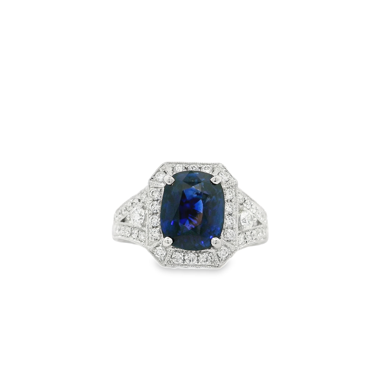 18KW 3.55ct Peacock Blue Sapphire .96ctsFG VS-SI Diamond Halo Engraved Shank Ring