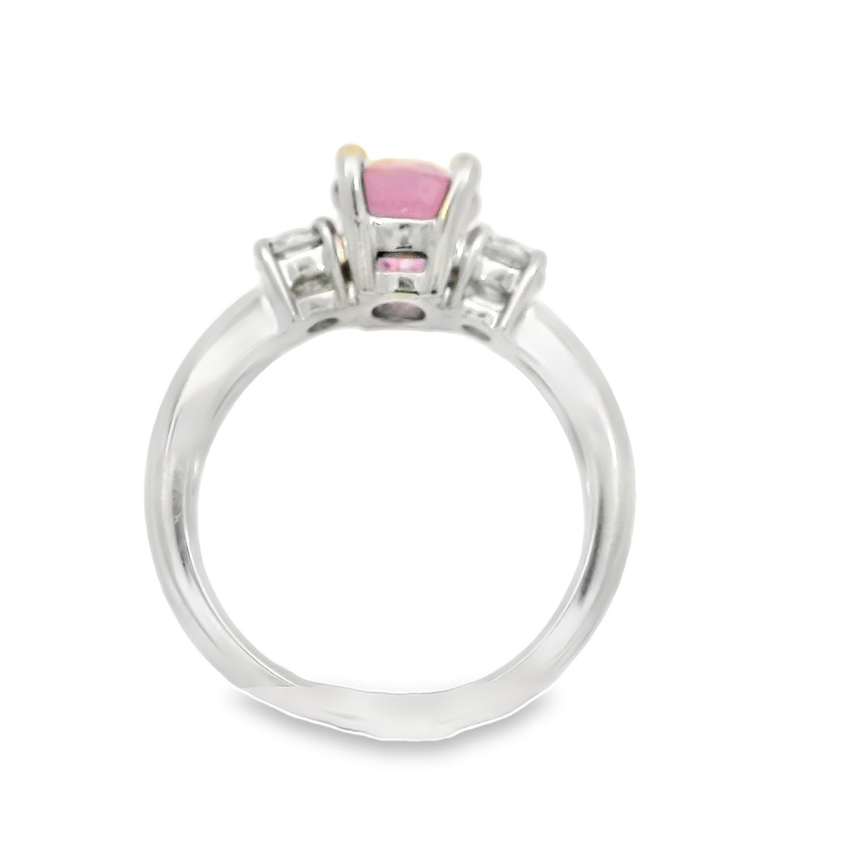 Oval Pink Sapphire and 2/5ctw Diamond Three-Stone Platinum Ring