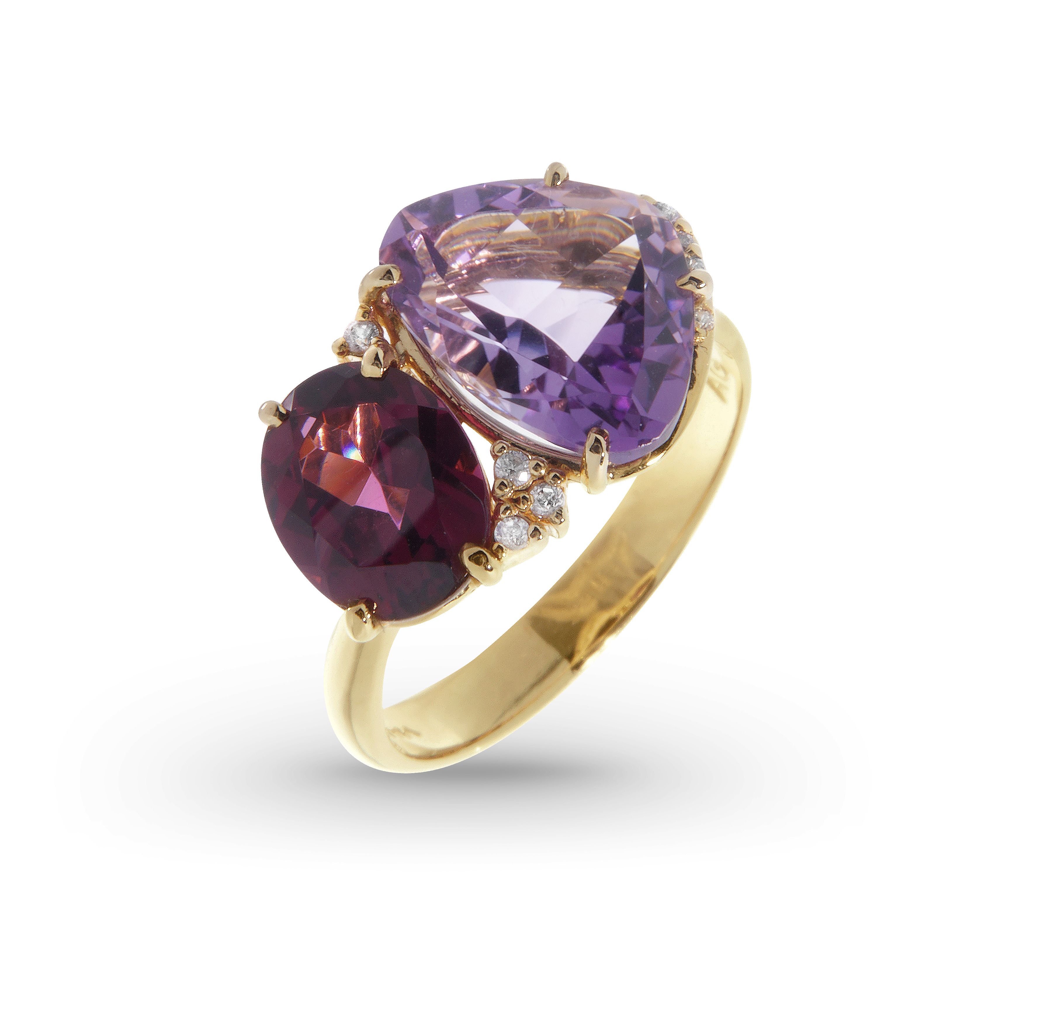 Garnet, Amethyst and Diamond Ring in 18k Yellow Gold