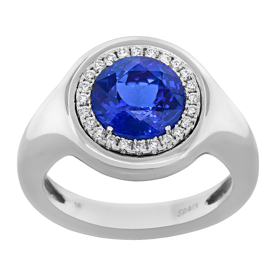 Round Tanzanite and 3/20ctw Diamond Halo White Gold Ring