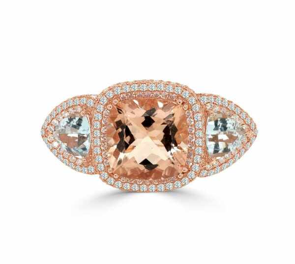 Rose Gold Morganite and Aquamarine Diamond Halo Ring