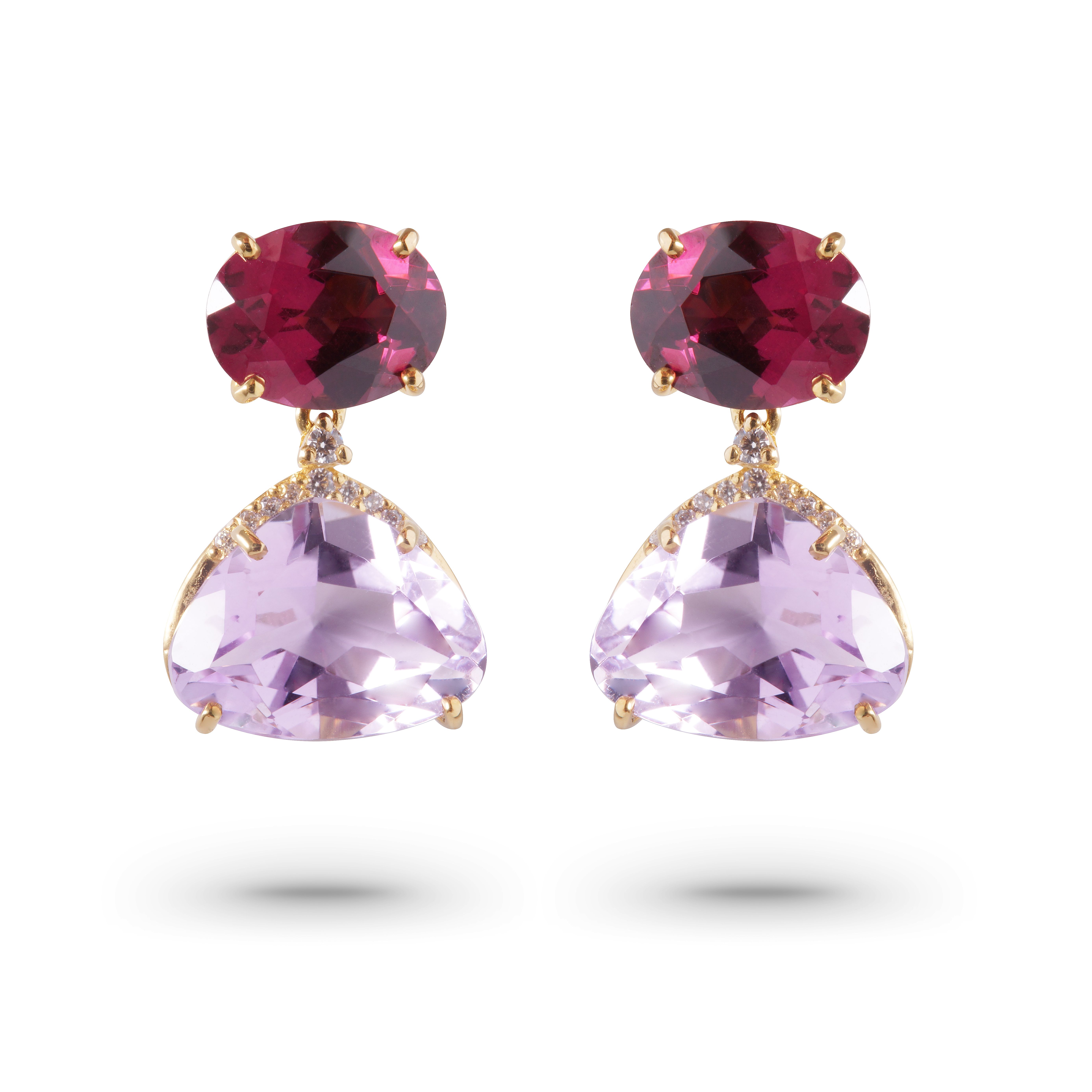 Rhodolite Garnet, Amethyst and 1/10ctw Diamond Earrings in 18K Yellow Gold