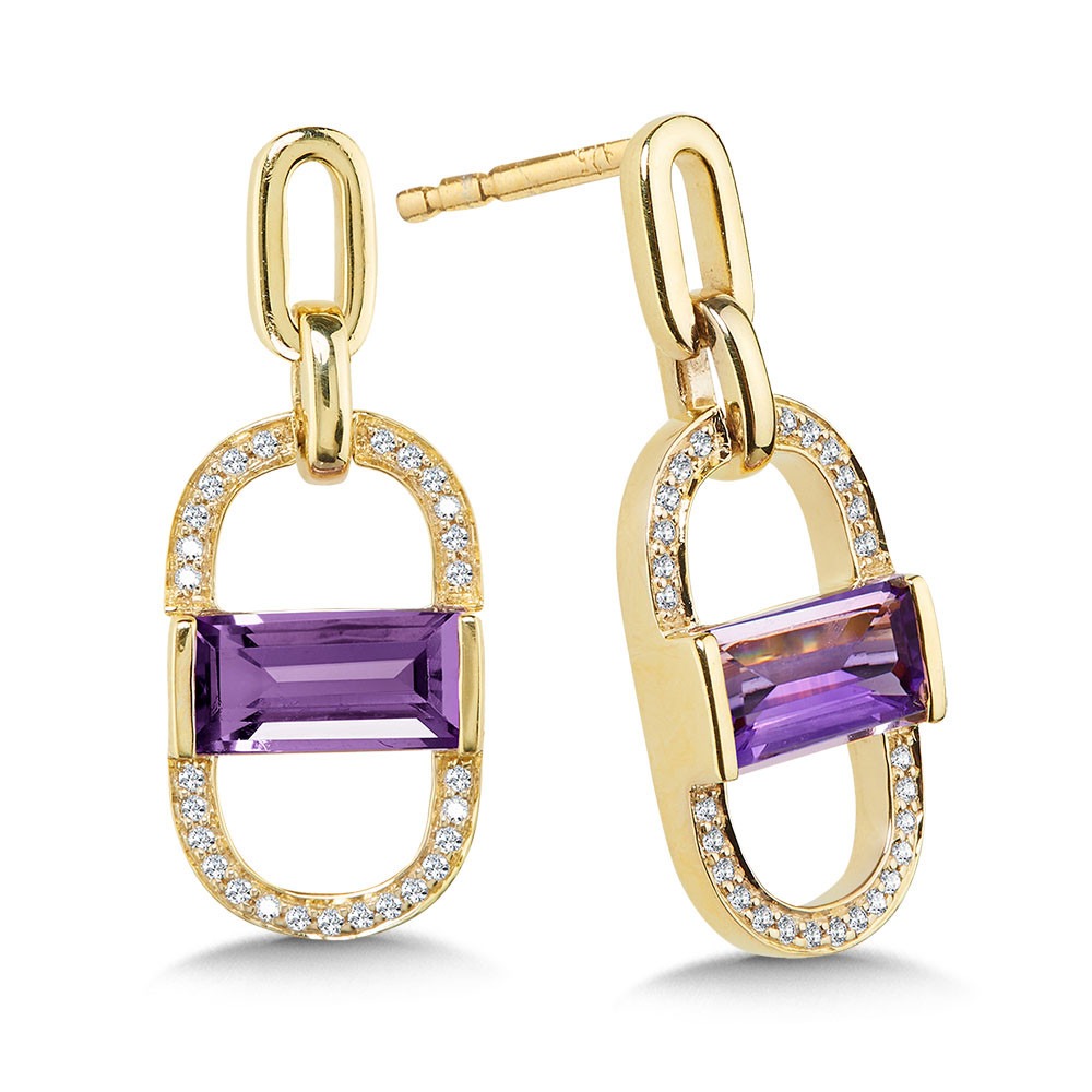 Yellow Gold Amethyst and 1/10ctw Diamond Link Earrings