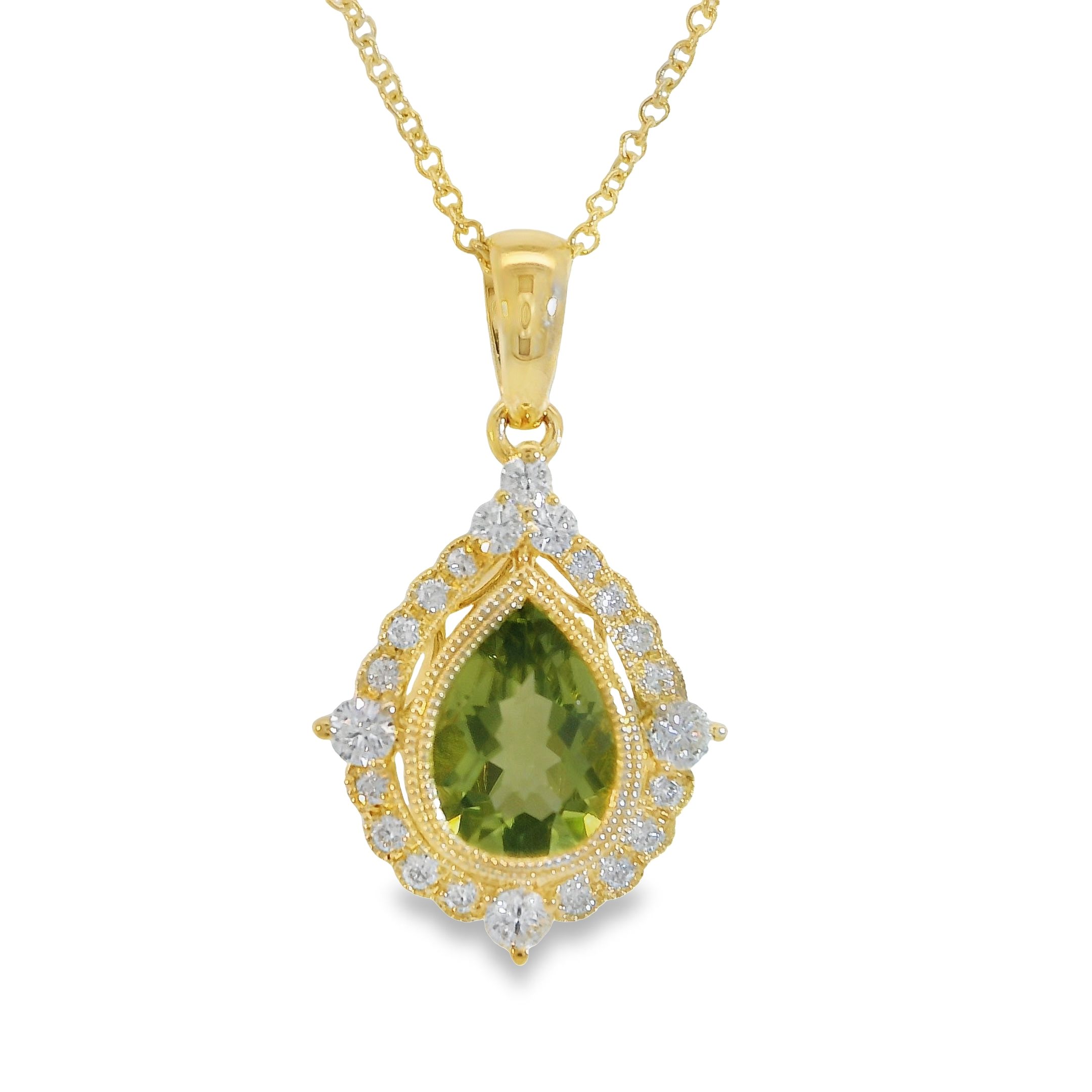 Yellow Gold Peridot and Diamond Pearshaped Halo Pendant Necklace