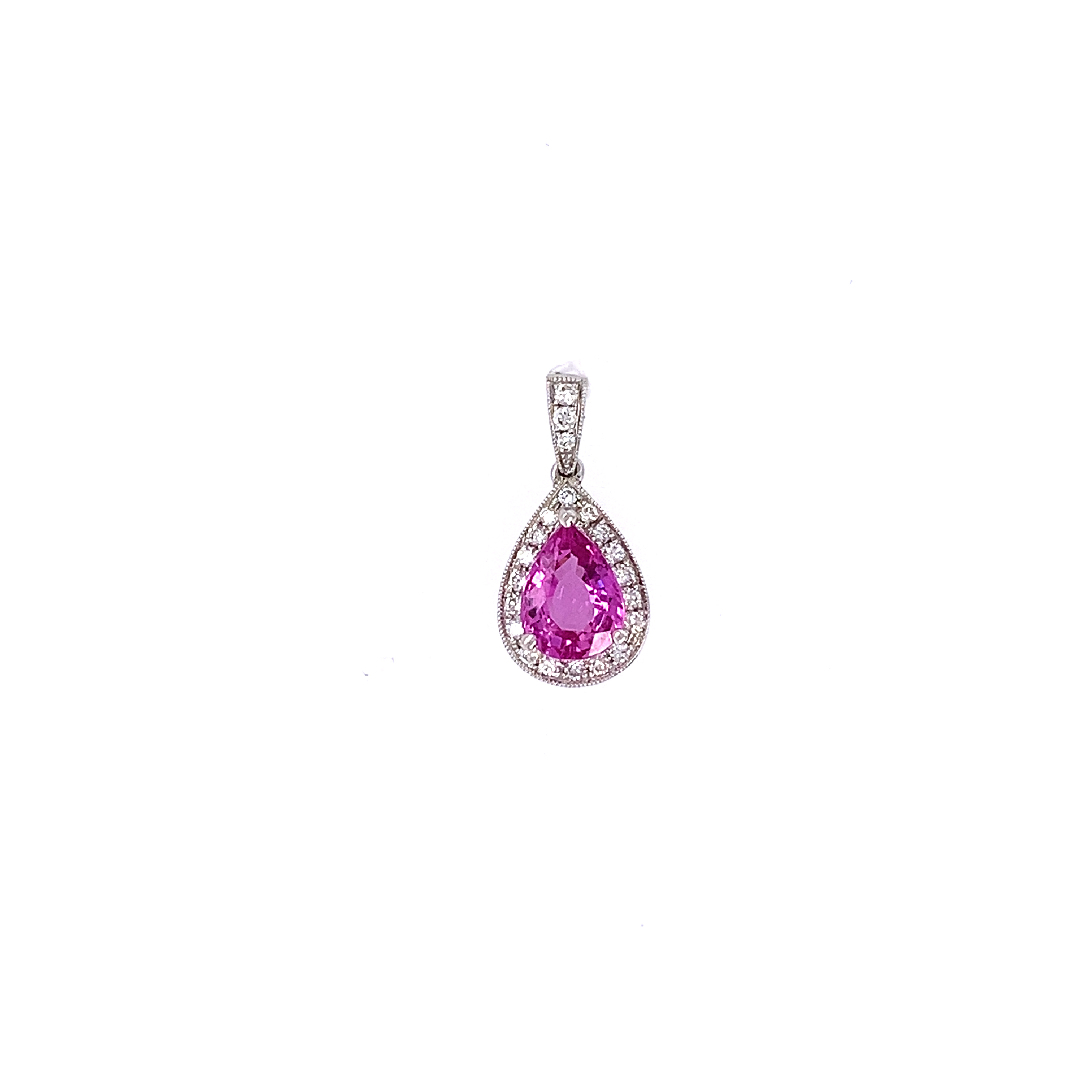 Pear Pink Sapphire and 1/5ctw Diamond Halo White Gold Pendant Necklace