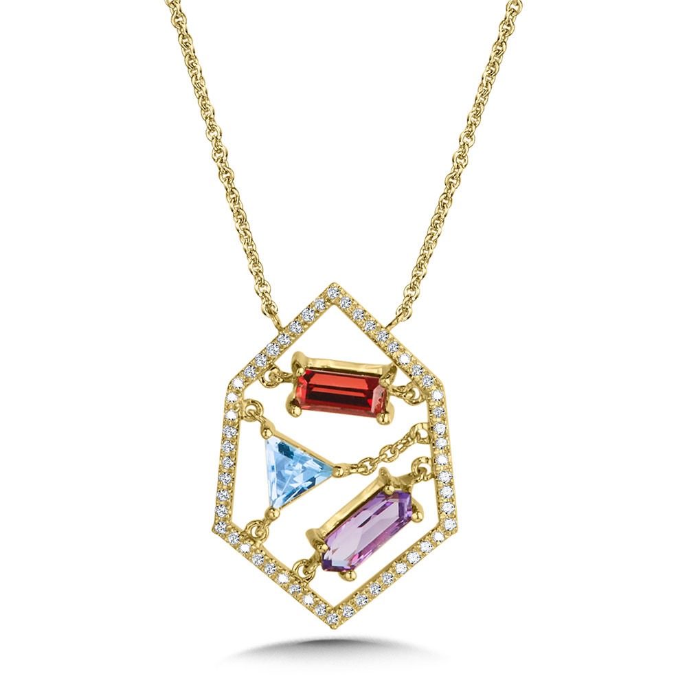 Yellow Gold 1/7ctw Diamond and Gemstone Pendant Necklace