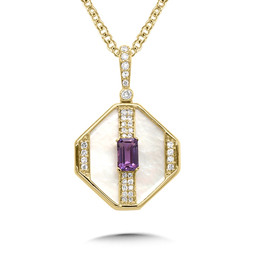 Yellow Gold 1/7ctw Diamond and Mother of Pearl and Amethyst Pendant Necklace