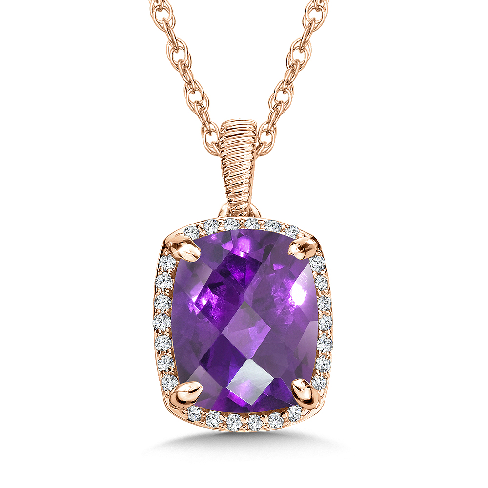 Amethyst and 1/10ctw Diamond Halo Rose Gold Pendant Necklace