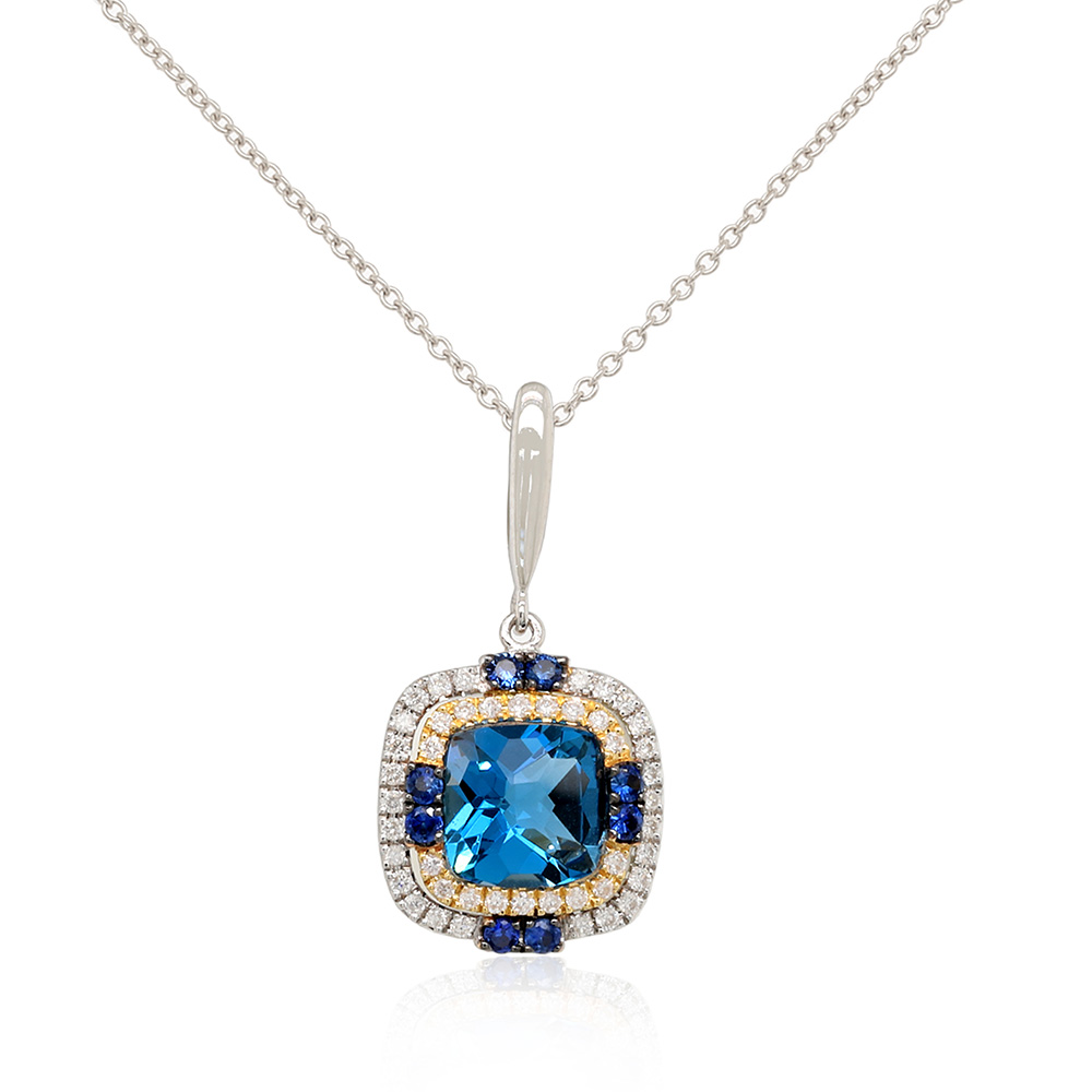 Two-Tone Sapphire and London Blue Topaz 1/8ctw Diamond Halo Pendant Necklace