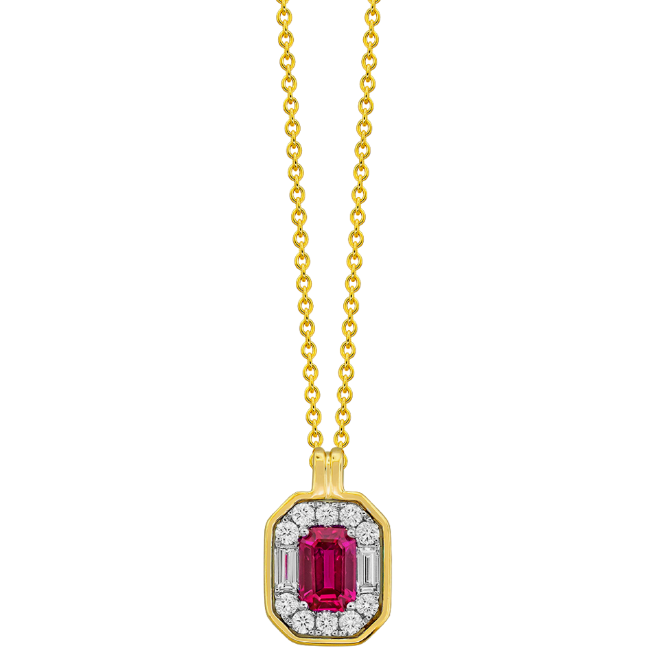 Ruby and 1/3ctw Diamond Halo Two-Tone Pendant Necklace