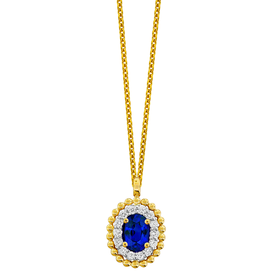 Oval Sapphire and 3/20ctw Diamond Halo Yellow Gold Pendant Necklace