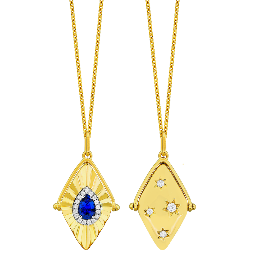 Pear Sapphire and 3/20ctw Diamond Halo Yellow Gold Pendant Necklace