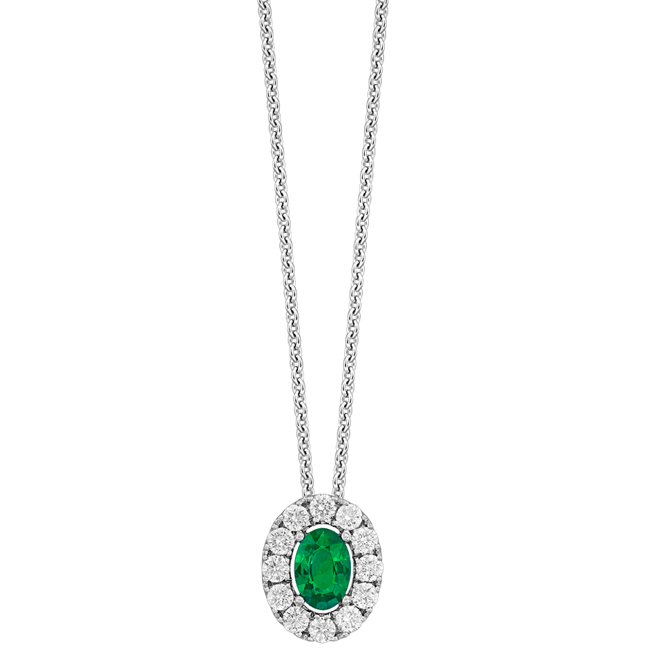 Oval Emerald and 1/3ctw Diamond Halo White Gold Pendant Necklace