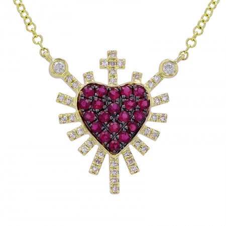 Ruby and 1/10ctw Diamond Yellow Gold Sacred Heart Pendant Necklace