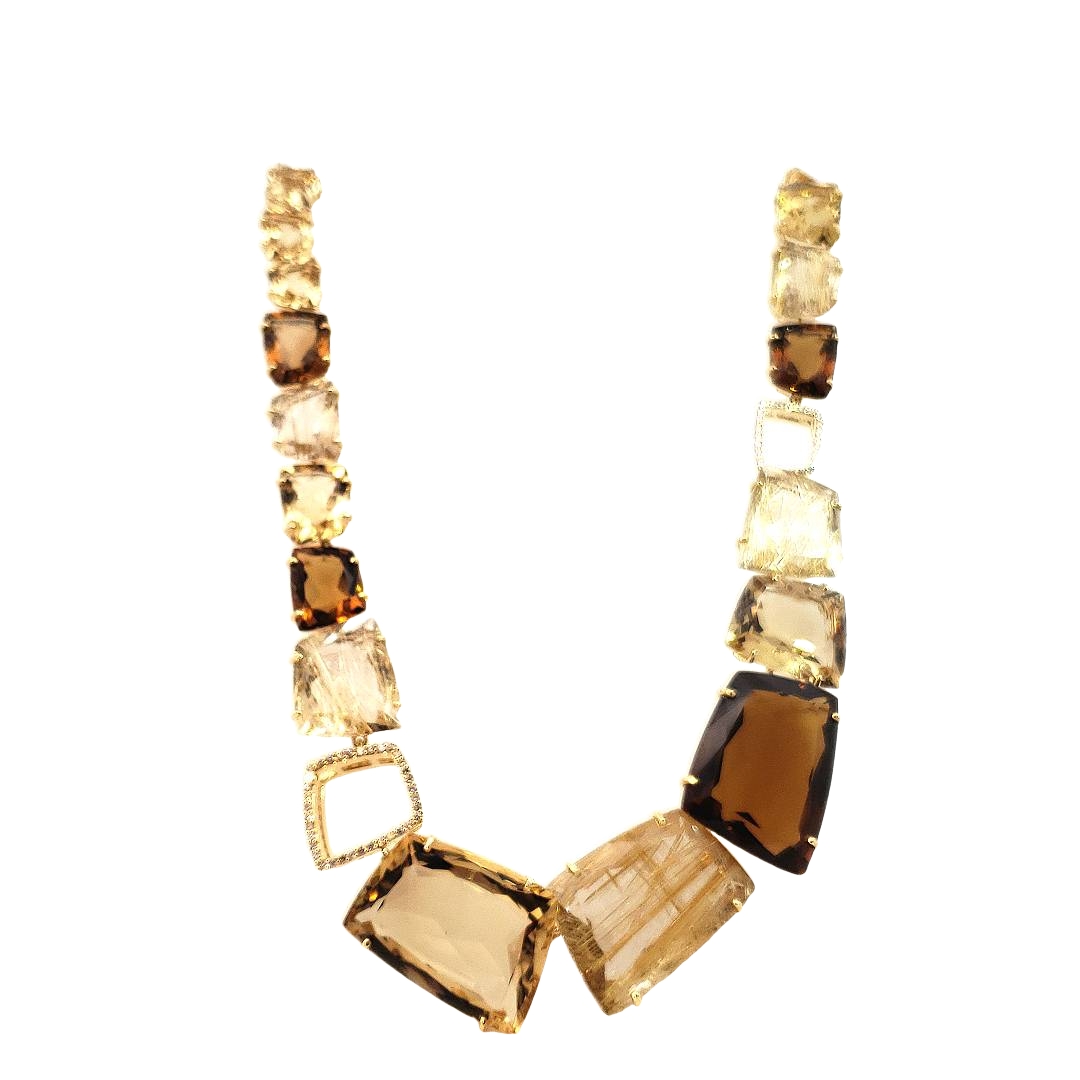 Yellow Gold Citrine and Rutilated Quartz Diamond Collar Necklace