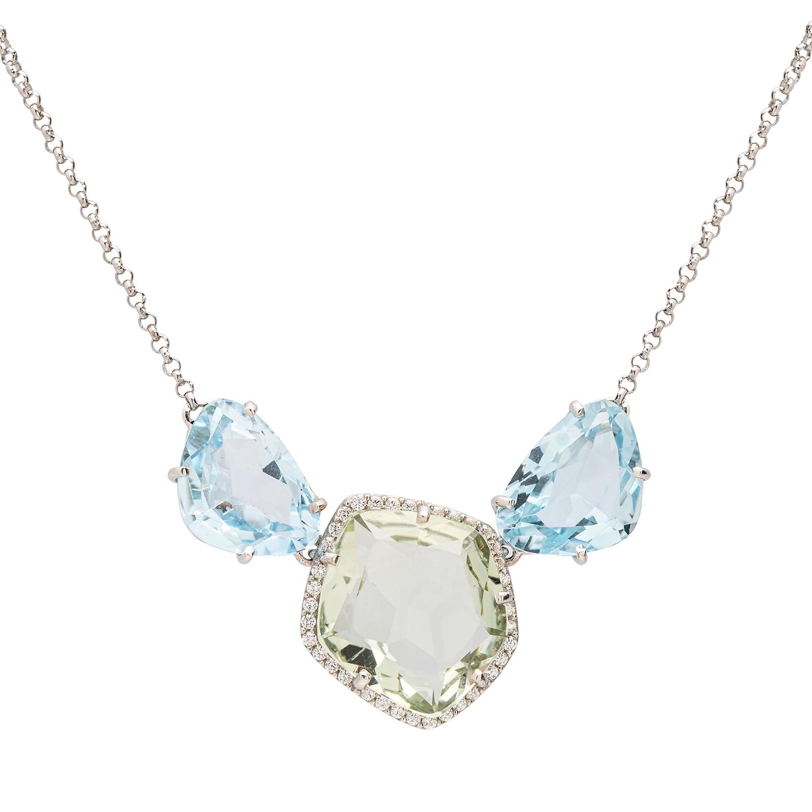 Mixed Gemstone and 3/20ctw Diamond Halo Pendant Necklace in 18K White Gold