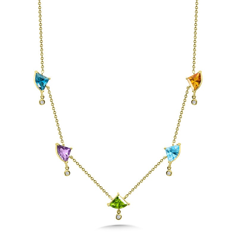 Yellow Gold Diamond and Mixed Trillion Gemstone Necklace