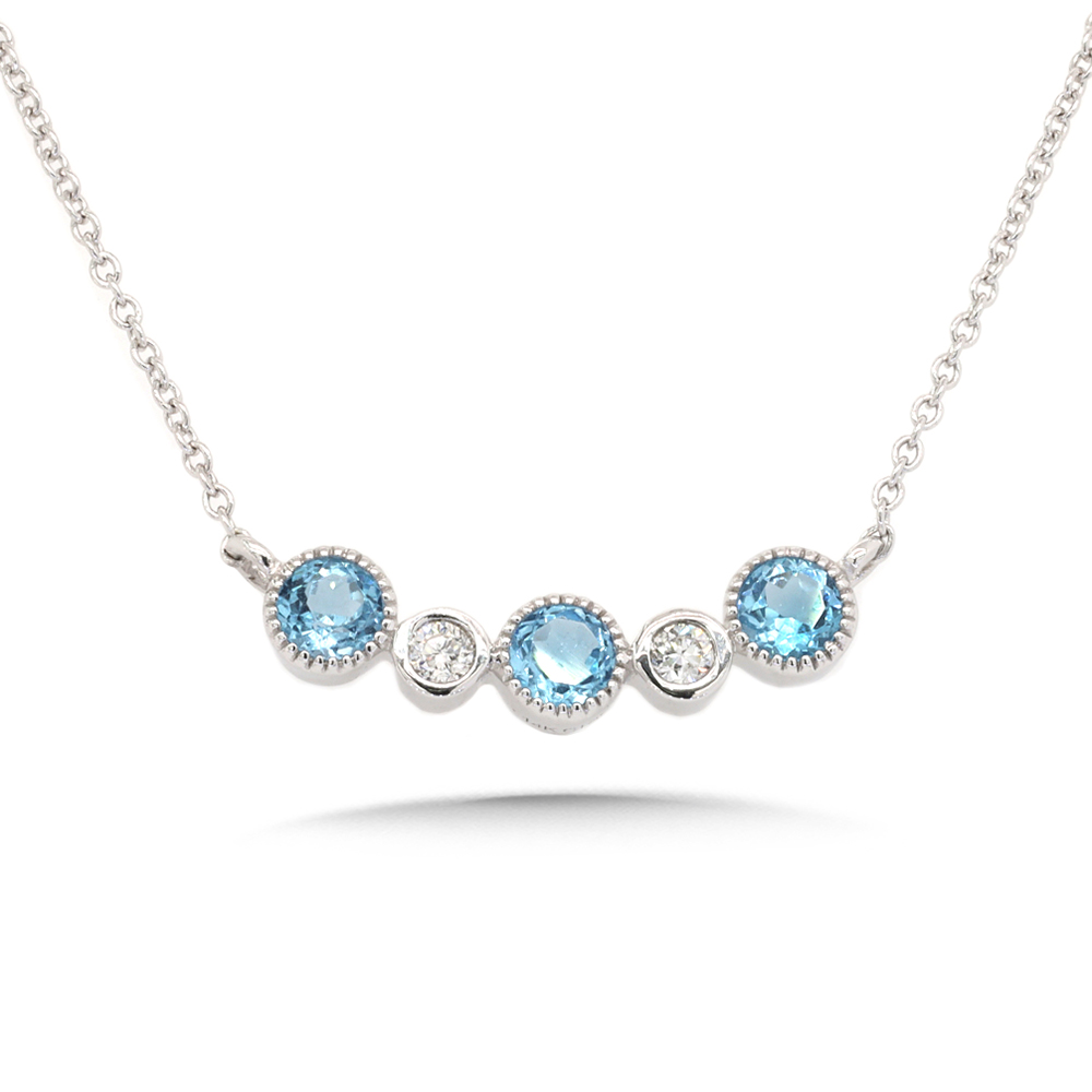 Sky Blue Topaz and Diamond White Gold Curved Bar Pendant Necklace