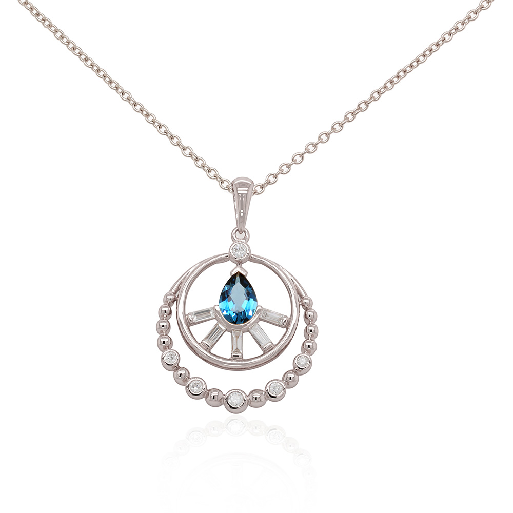 London Blue Topaz and 1/5ctw Diamond White Gold Circle Pendant Necklace