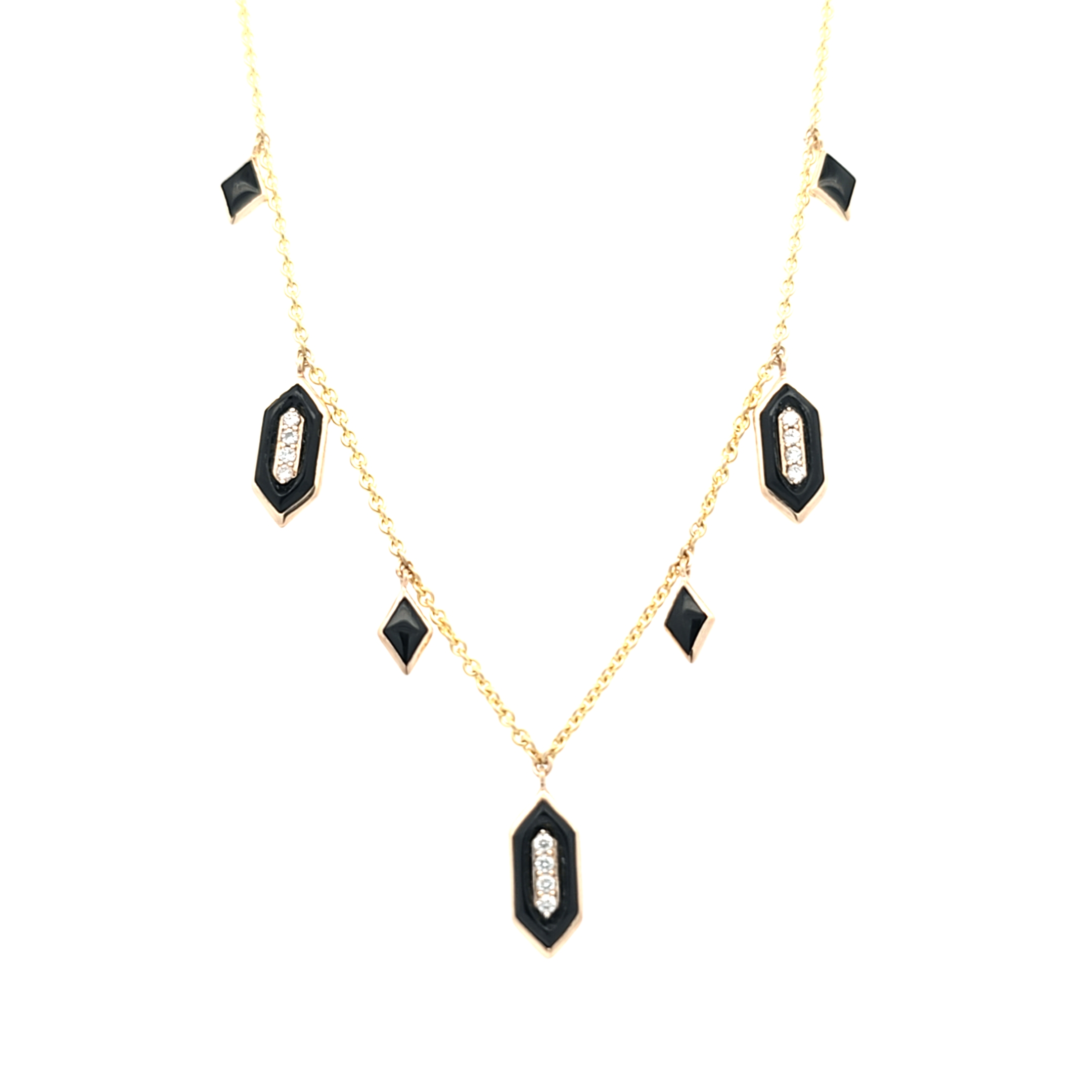 3/20ctw Diamond and Onyx Hexagon Yellow Gold Dangle Necklace l KABANA