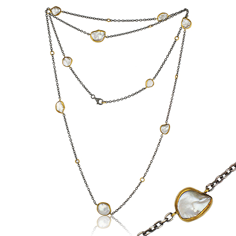 LIKA BEHAR Keshi Pearl Station Necklace in 24k Yellow Gold and Oxidized Silver