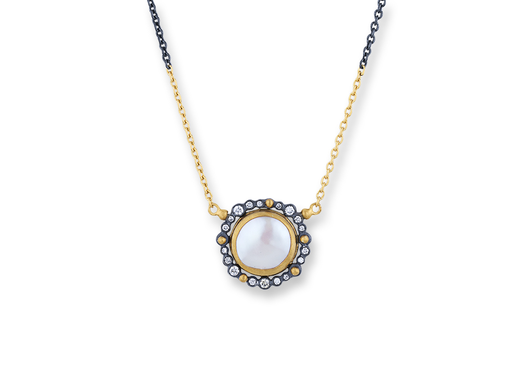 LIKA BEHAR 24k Yellow Gold and Oxidized Silver 3/10ctw Diamond and Pearl Necklace