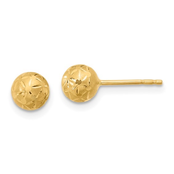 Yellow Gold Polished/Satin and Diamond-cut Ball Post Earrings